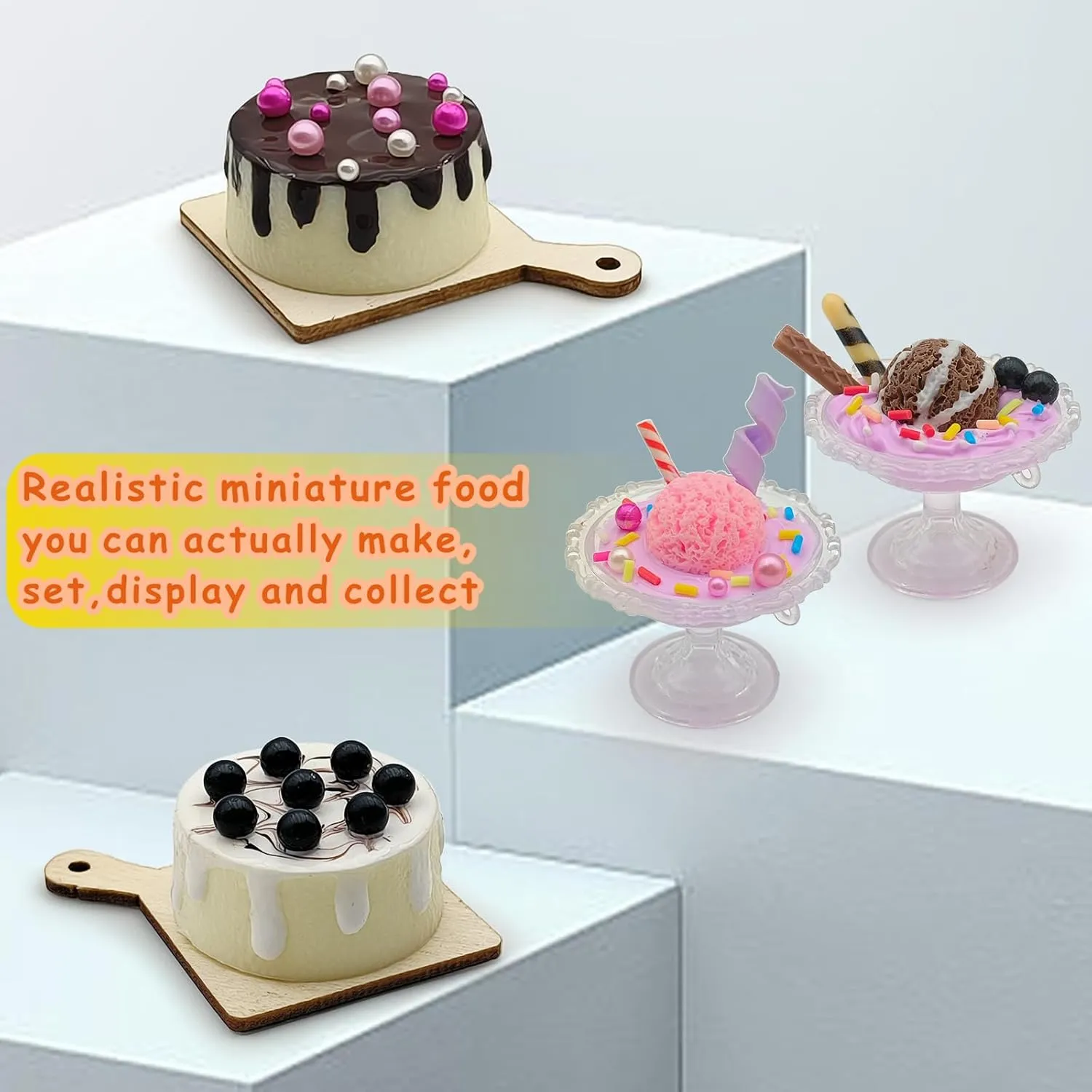 Making Mini Food Toy Miniature Cake Dessert Collectible Toy DIY Kitchen Pretend Play Food Material Kit for Kids Age 8  (4 Cake Dessert)
