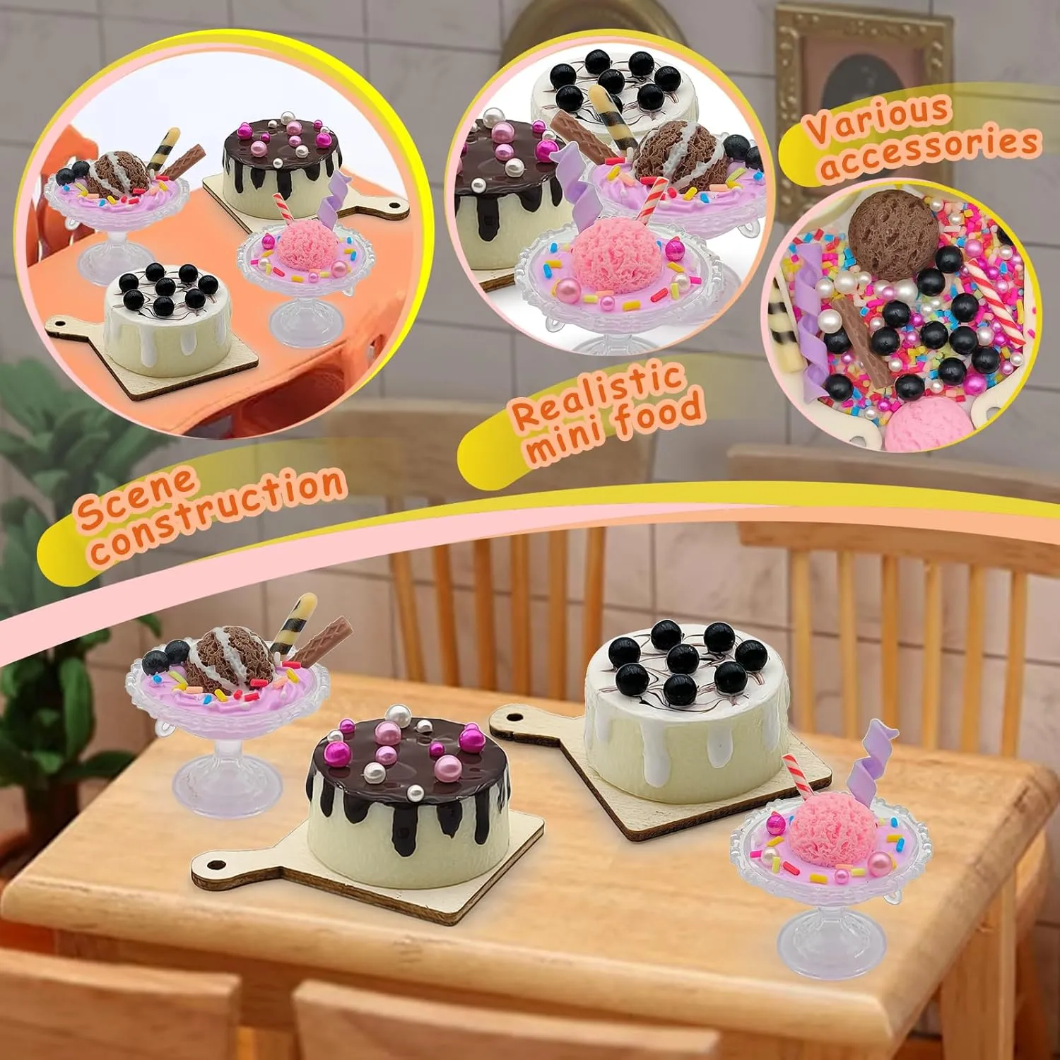 Making Mini Food Toy Miniature Cake Dessert Collectible Toy DIY Kitchen Pretend Play Food Material Kit for Kids Age 8  (4 Cake Dessert)