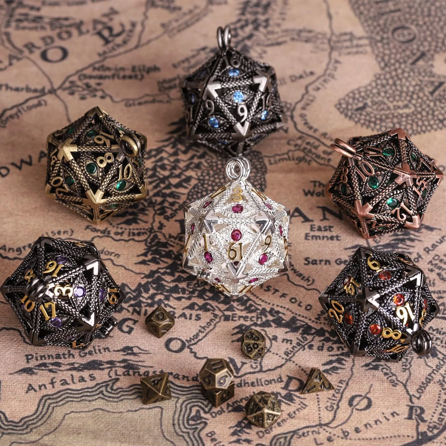 ManChDa Mini Metal DND Dice Set Hollow D20 Necklace Dice DND Case Metal Dice Set DND Keychain 7PCS Dice Set Bronze Red
