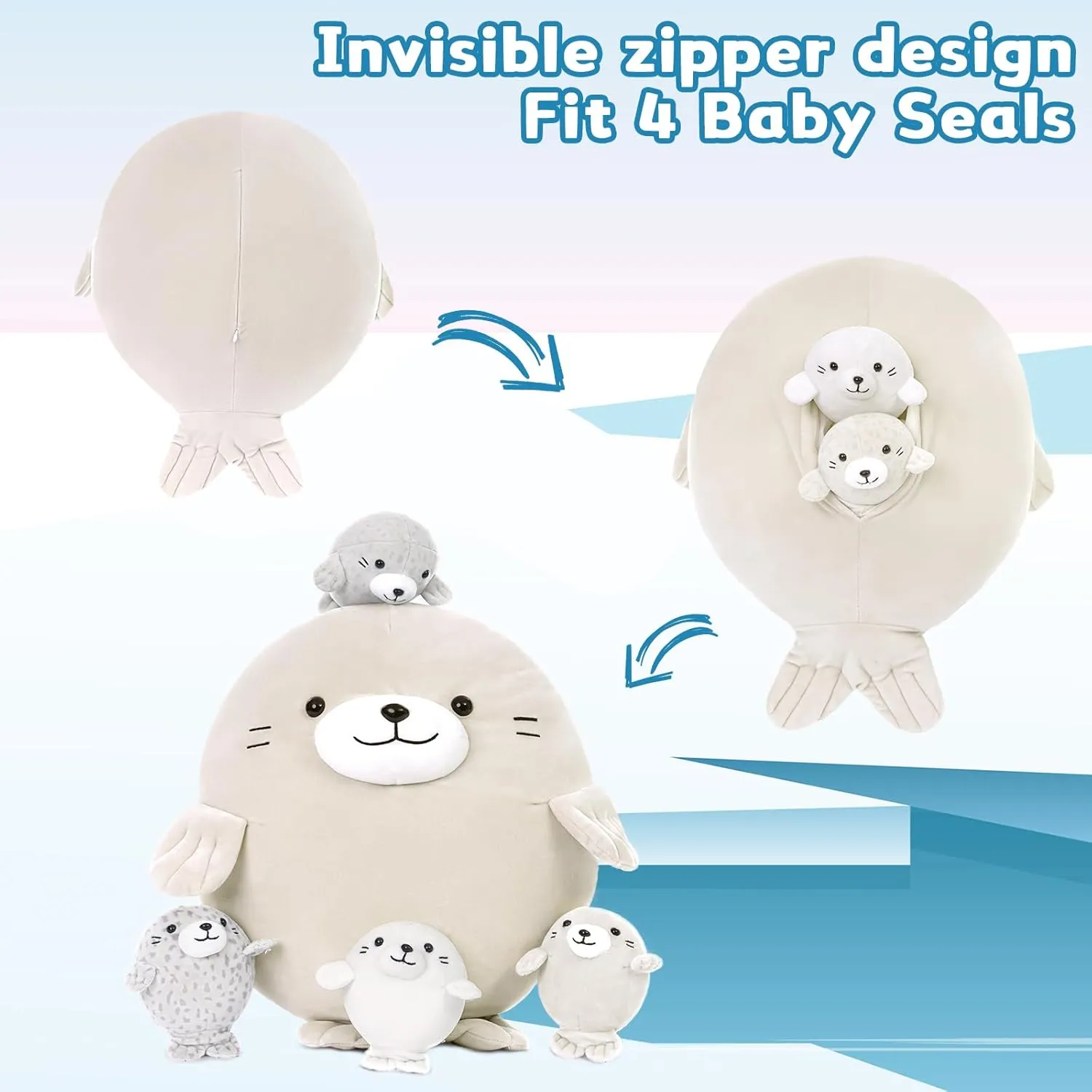 MaoGoLan 5Pcs Fat Seal Plush with 4 Babies Inside - 20" Giant Ultra Soft Seal Stuffed Animal Throw Pillow - Squishy Mother-Babies Collection Gift for Seal Lover,Kids,Boys