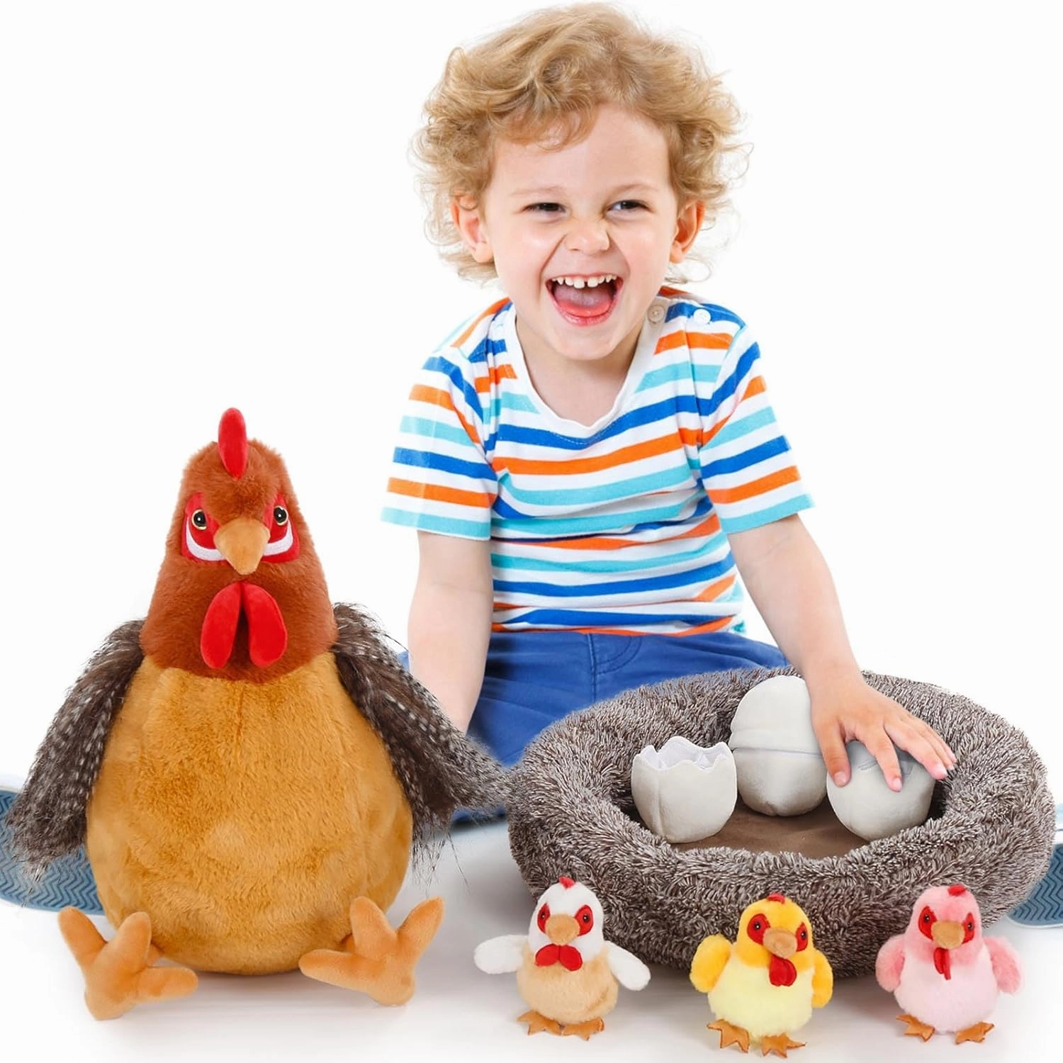 MaoGoLan 8Pcs Chicken Stuffed Animals, Stuffed Hen Plush Toys with Babies Chickens and Eggs, Nest House Plush Set, Cute and Soft Farm Stuffed Animals Gift for Kids