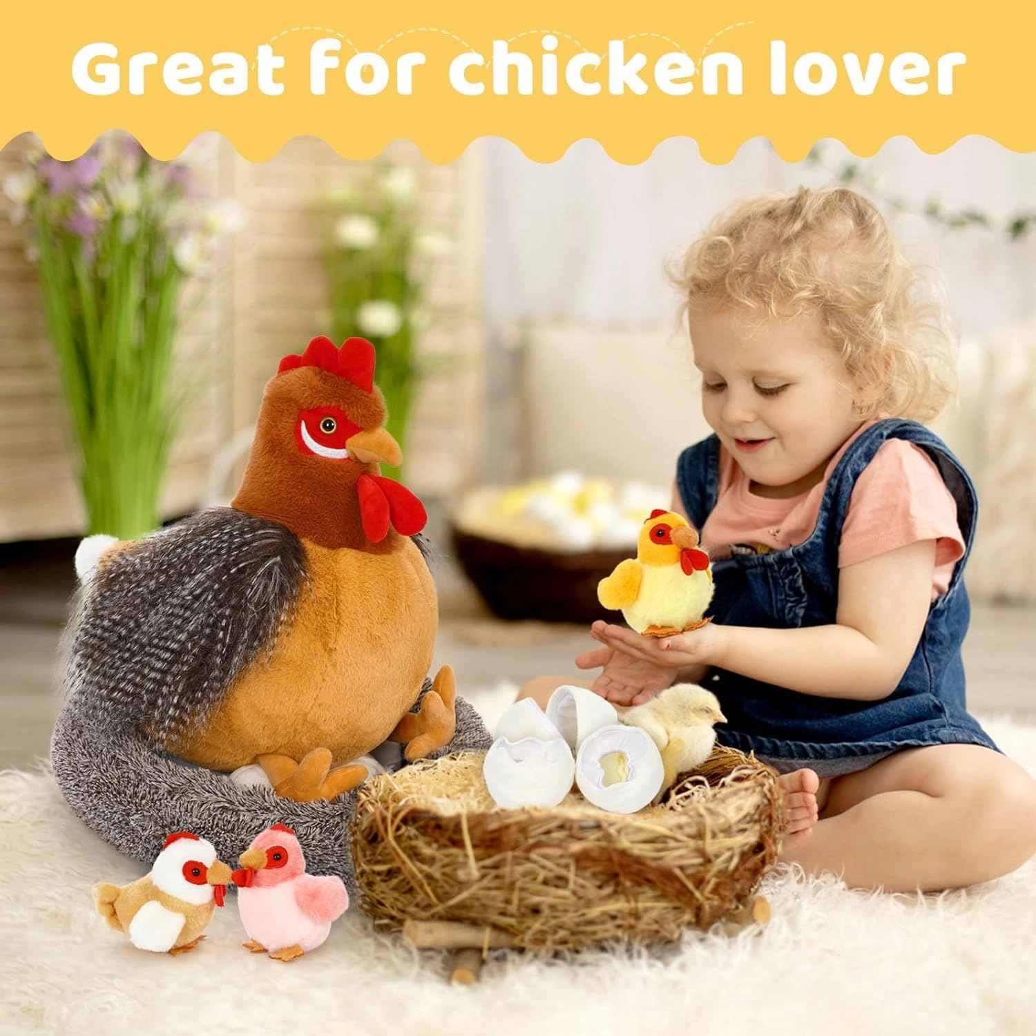MaoGoLan 8Pcs Chicken Stuffed Animals, Stuffed Hen Plush Toys with Babies Chickens and Eggs, Nest House Plush Set, Cute and Soft Farm Stuffed Animals Gift for Kids