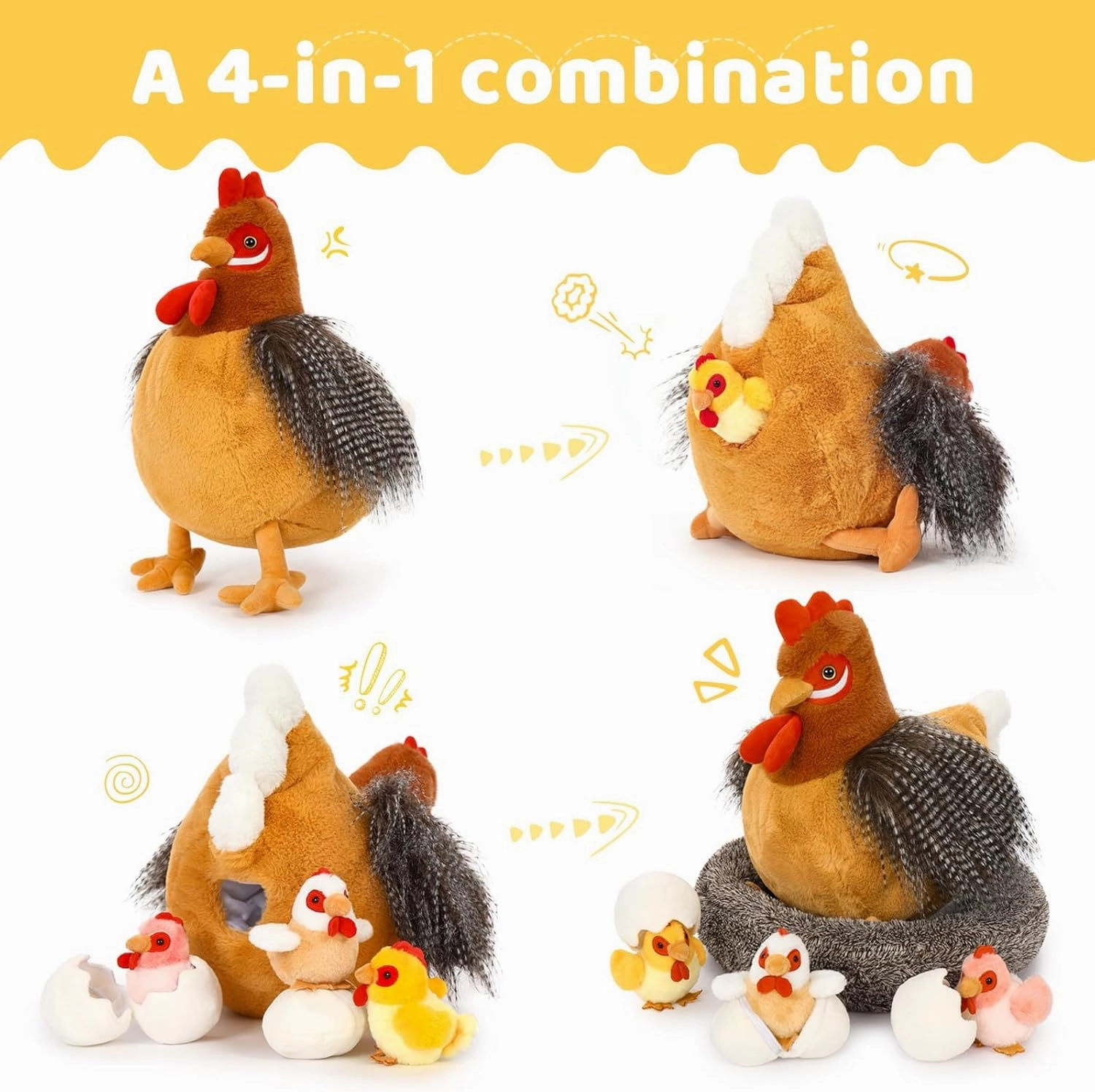 MaoGoLan 8Pcs Chicken Stuffed Animals, Stuffed Hen Plush Toys with Babies Chickens and Eggs, Nest House Plush Set, Cute and Soft Farm Stuffed Animals Gift for Kids