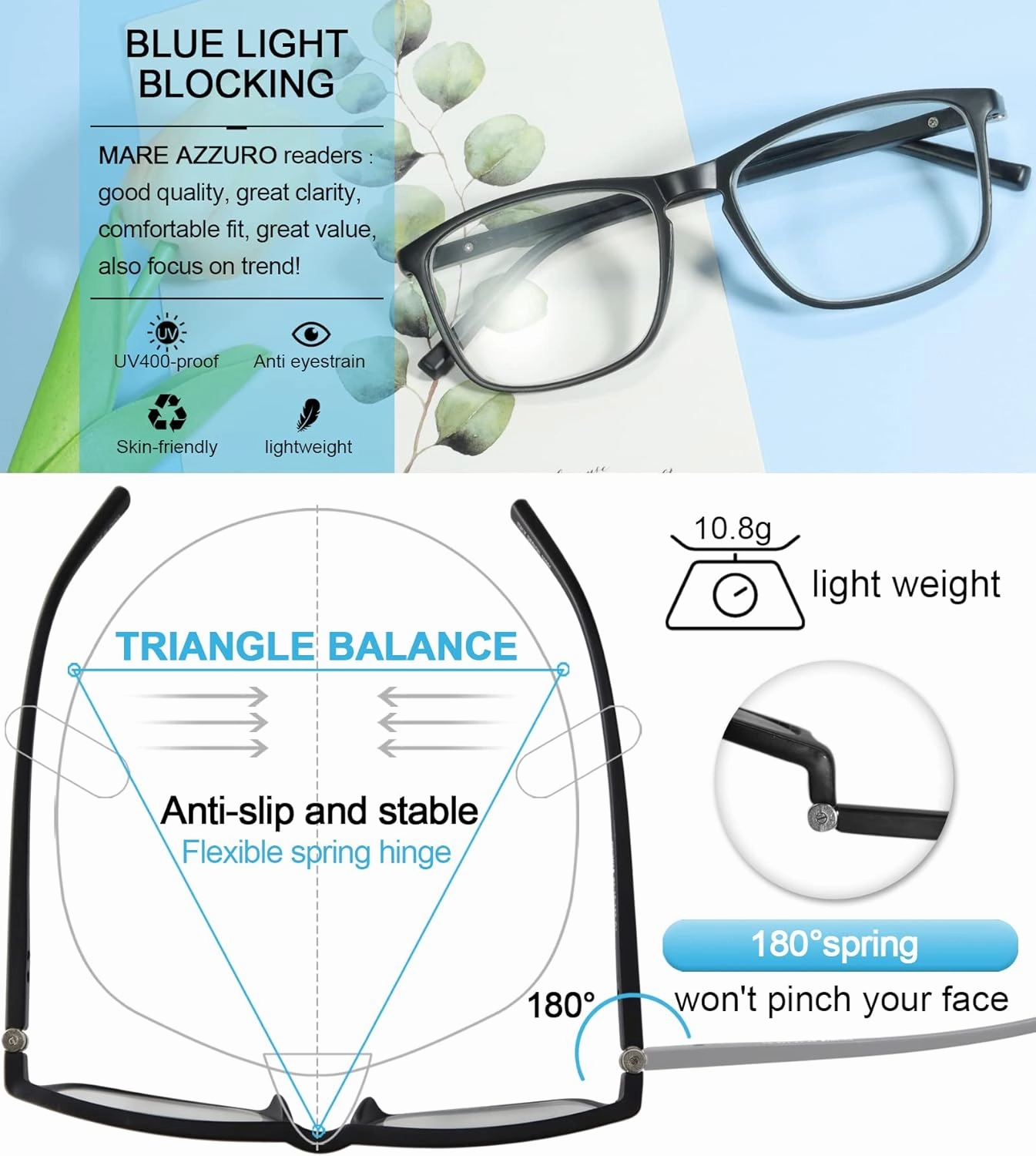 MARE AZZURO Blue Light Blocking Reading Glasses  1.5 Men Designer Flexible Readers 1.0 1.25 1.5 1.75 2.0 2.25 2.5 2.75 3.0 3.5 4.0 5.0 6.0 (Black, 1.50)