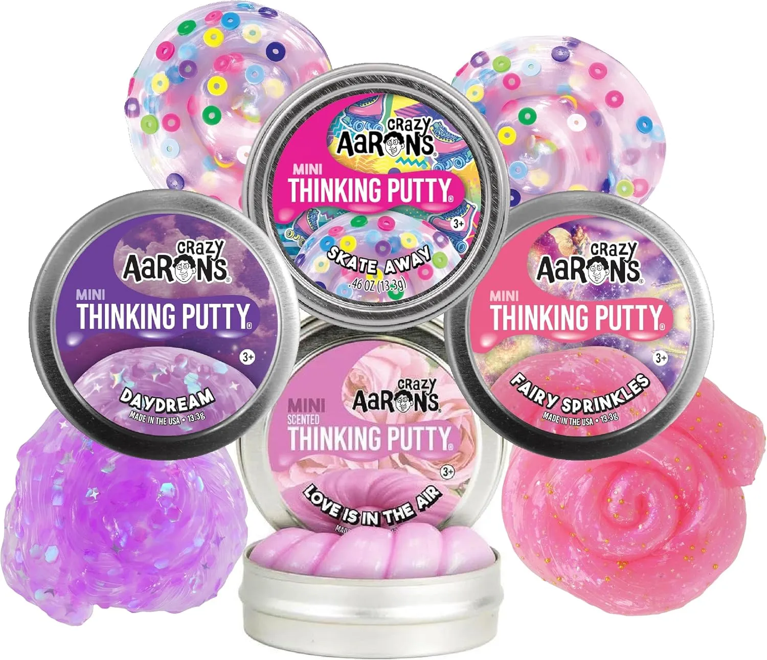 Matty's Toy Stop Crazy Aaron's Putty Mini Tins Daydream, Skate Away, Fairy Sprinkles & Love is in The Air Gift Set Bundle - 4 Pack (13.3g Each)