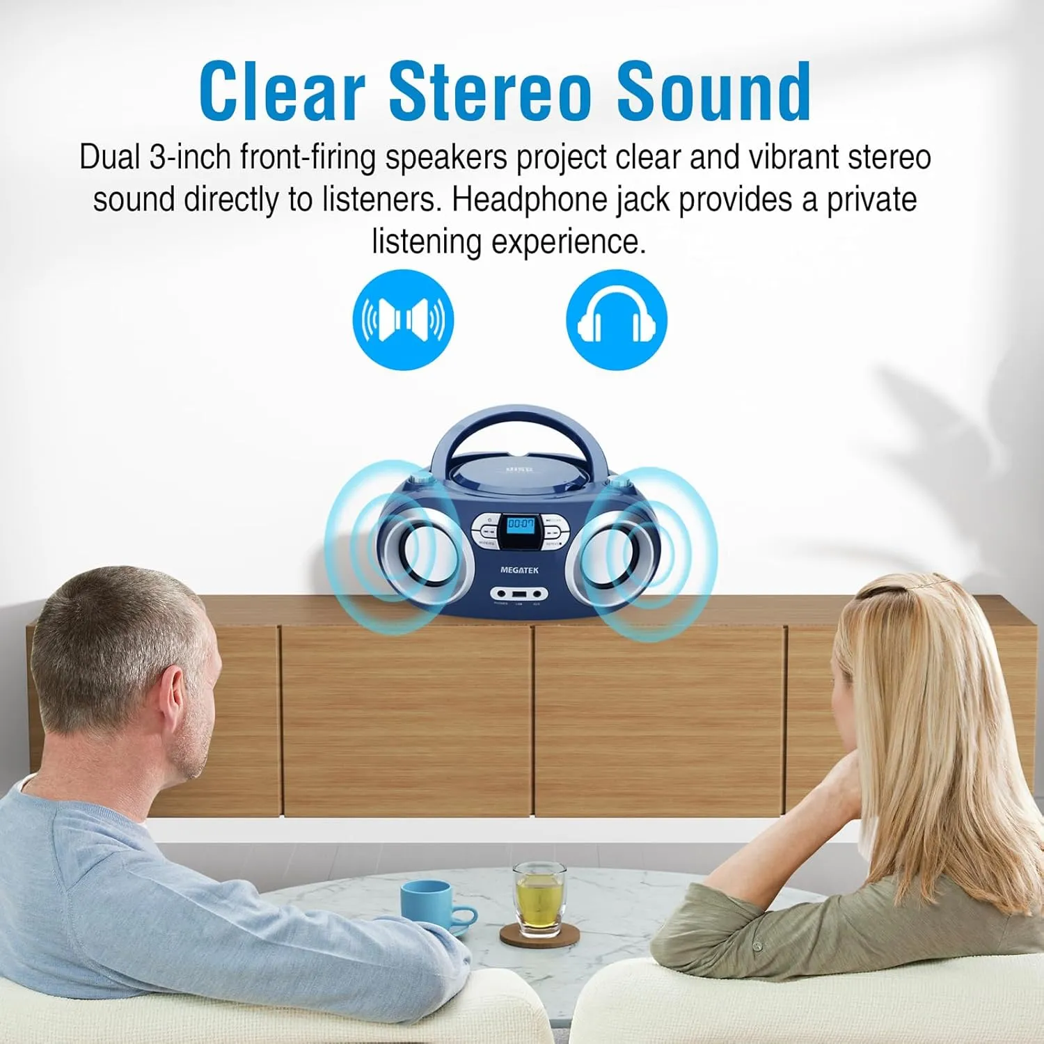 MEGATEK Portable CD Boombox with FM Stereo Radio, Bluetooth, USB Port, and Backlit LCD Display | CD-R/CD-RW/MP3-CD Compatible | AUX Input | Headphone Jack | Programmable CD Player - Blue Jay