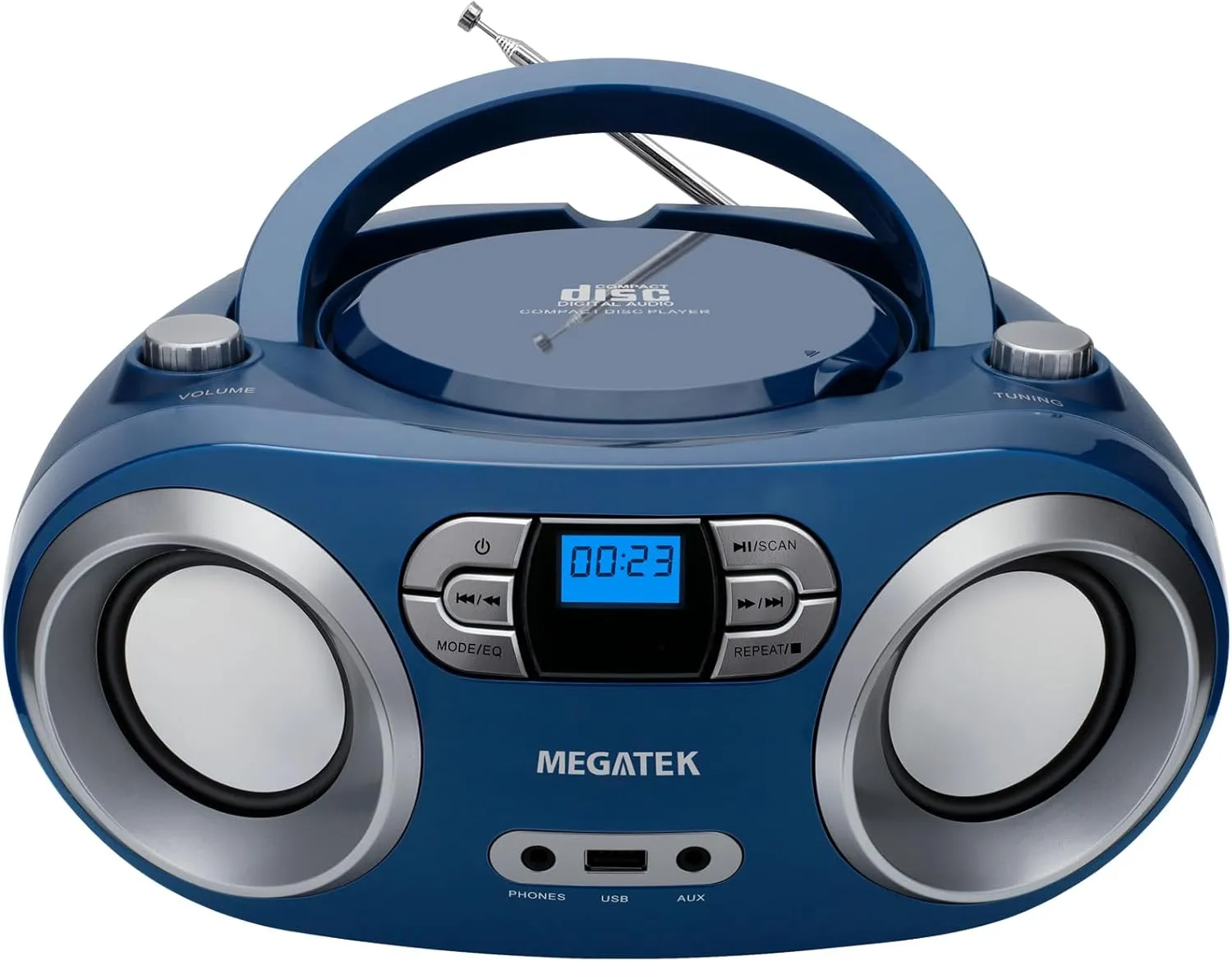 MEGATEK Portable CD Boombox with FM Stereo Radio, Bluetooth, USB Port, and Backlit LCD Display | CD-R/CD-RW/MP3-CD Compatible | AUX Input | Headphone Jack | Programmable CD Player - Blue Jay