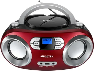 MEGATEK Portable CD Boombox with FM Stereo Radio, Bluetooth, USB Port, and Backlit LCD Display | CD-R/CD-RW/MP3-CD Compatible | AUX Input | Headphone Jack | Programmable CD Player - Cherry Red