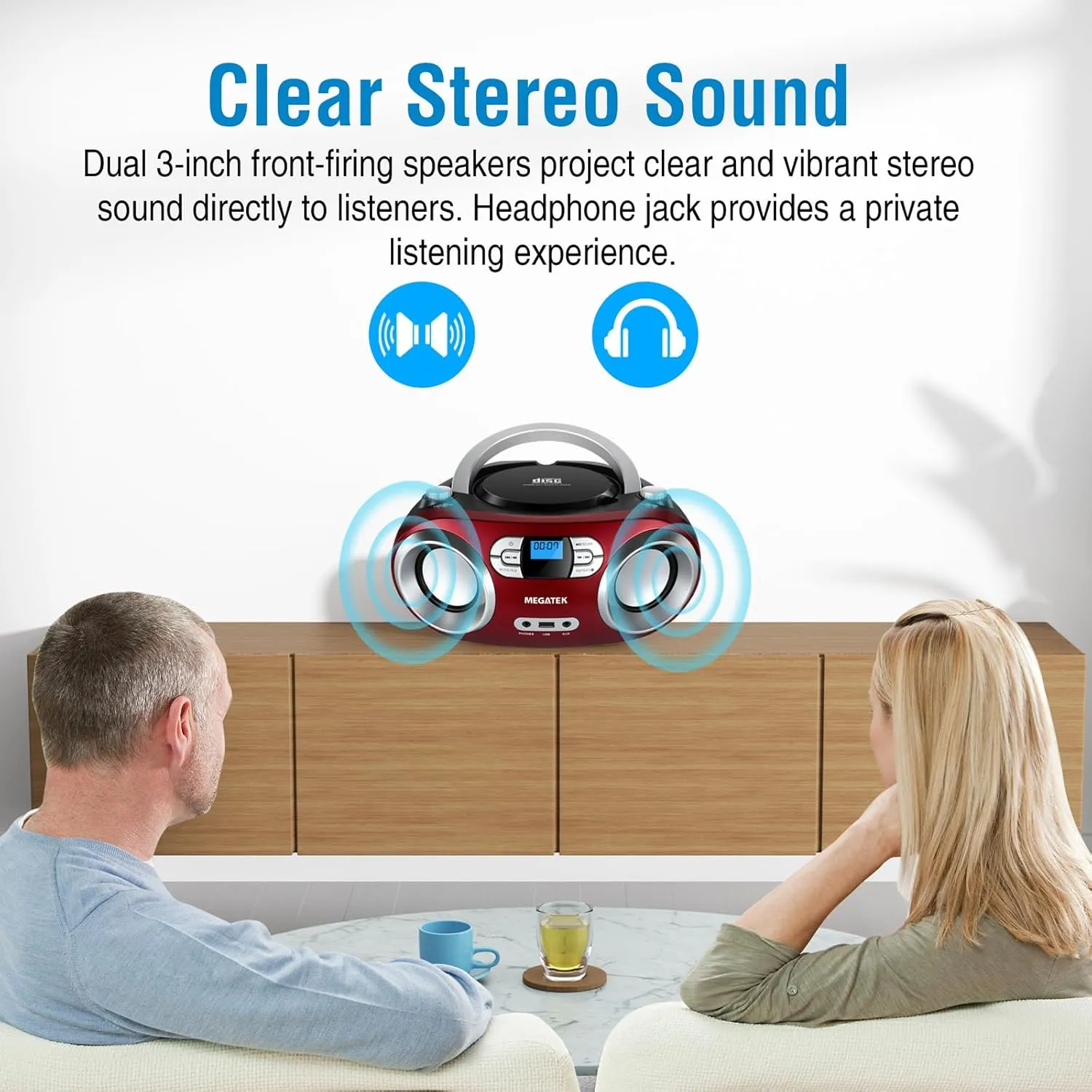 MEGATEK Portable CD Boombox with FM Stereo Radio, Bluetooth, USB Port, and Backlit LCD Display | CD-R/CD-RW/MP3-CD Compatible | AUX Input | Headphone Jack | Programmable CD Player - Cherry Red