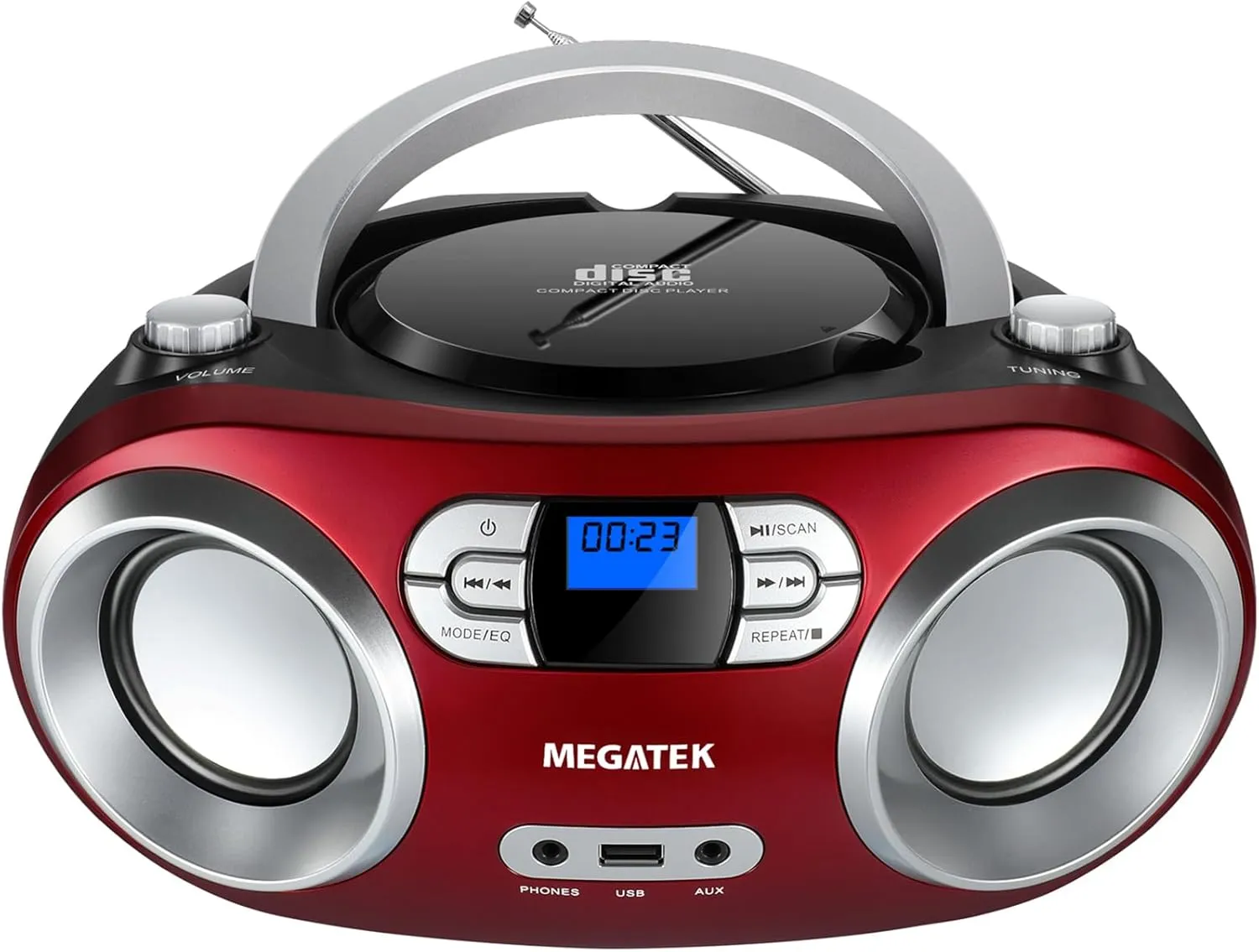 MEGATEK Portable CD Boombox with FM Stereo Radio, Bluetooth, USB Port, and Backlit LCD Display | CD-R/CD-RW/MP3-CD Compatible | AUX Input | Headphone Jack | Programmable CD Player - Cherry Red
