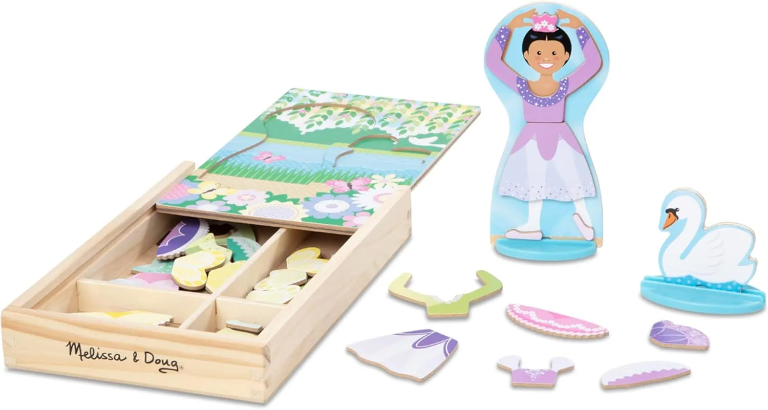 Melissa & Doug Ballerina and Fairy Magnetic Dress-Up Double-Sided Wooden Doll and Swan Pretend Play Set (52 pcs), 3  years