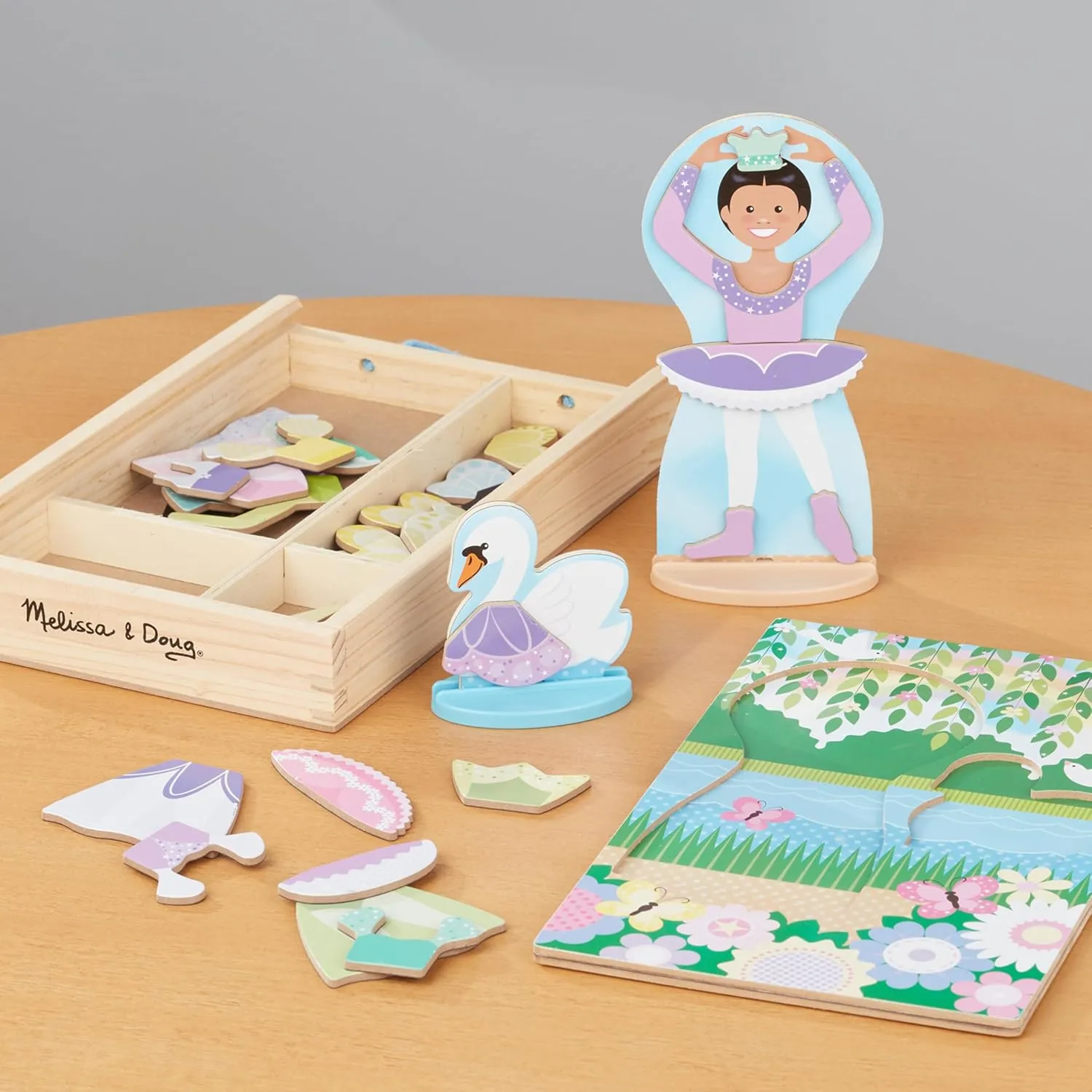 Melissa & Doug Ballerina and Fairy Magnetic Dress-Up Double-Sided Wooden Doll and Swan Pretend Play Set (52 pcs), 3  years