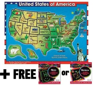 Melissa & Doug Wooden USA Map Sound Puzzle (40 Pieces)   Free Scratch Art Mini-Pad Bundle [07153]