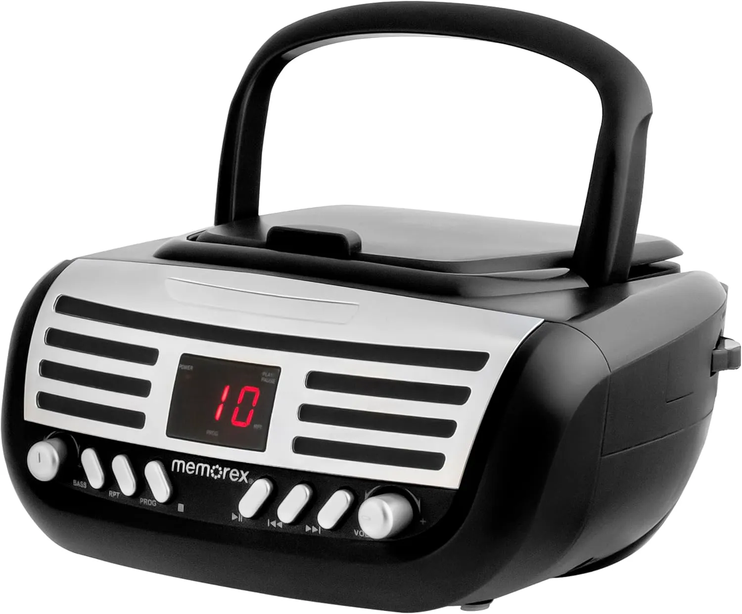 Memorex AM/FM Top Loading CD Player | Portable Stereo with Programmable Memory | Auxiliary Input and LED Display (Black, Retro CD Boombox)