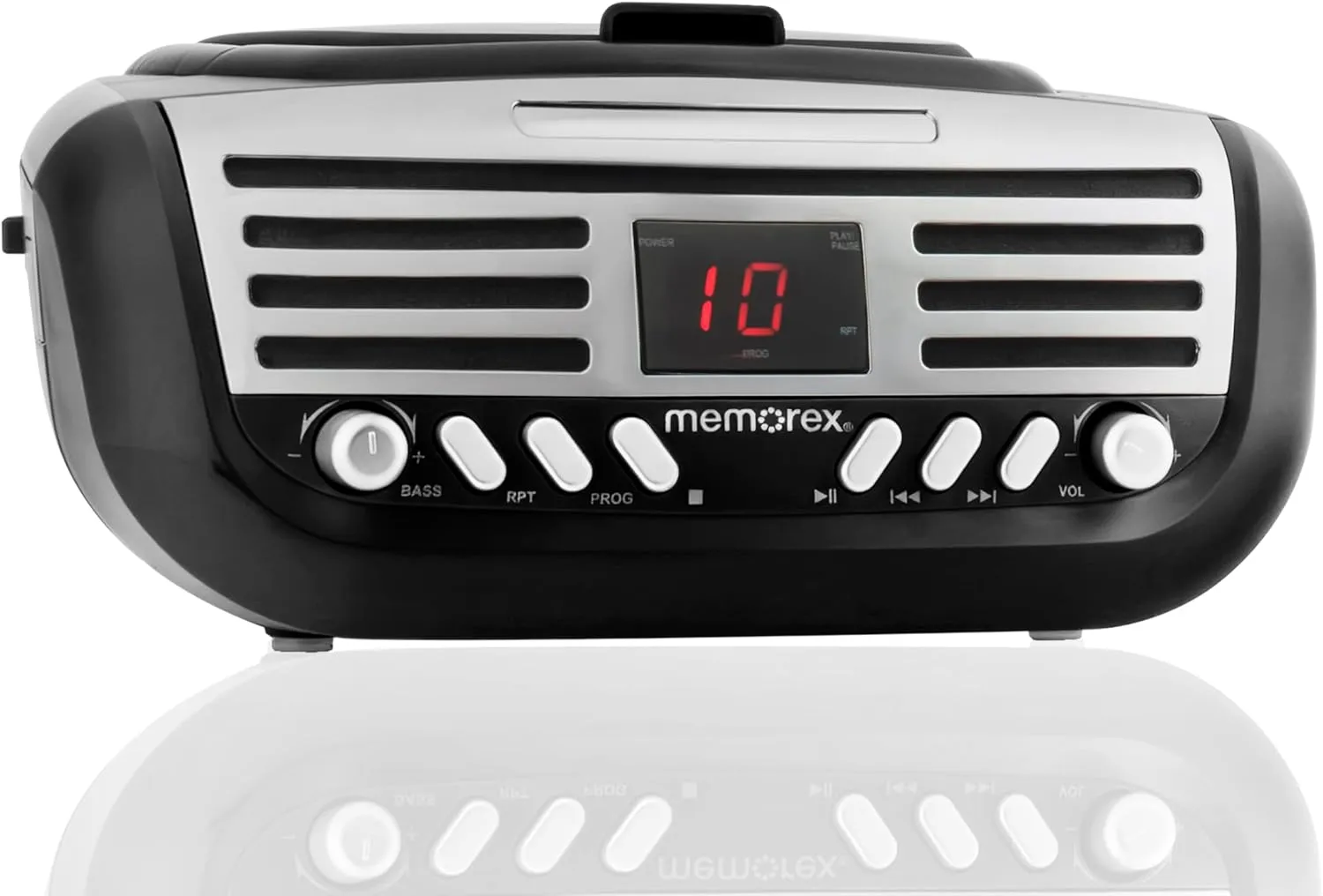 Memorex AM/FM Top Loading CD Player | Portable Stereo with Programmable Memory | Auxiliary Input and LED Display (Black, Retro CD Boombox)