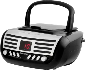 Memorex AM/FM Top Loading CD Player | Portable Stereo with Programmable Memory | Auxiliary Input and LED Display (Black, Retro CD Boombox)