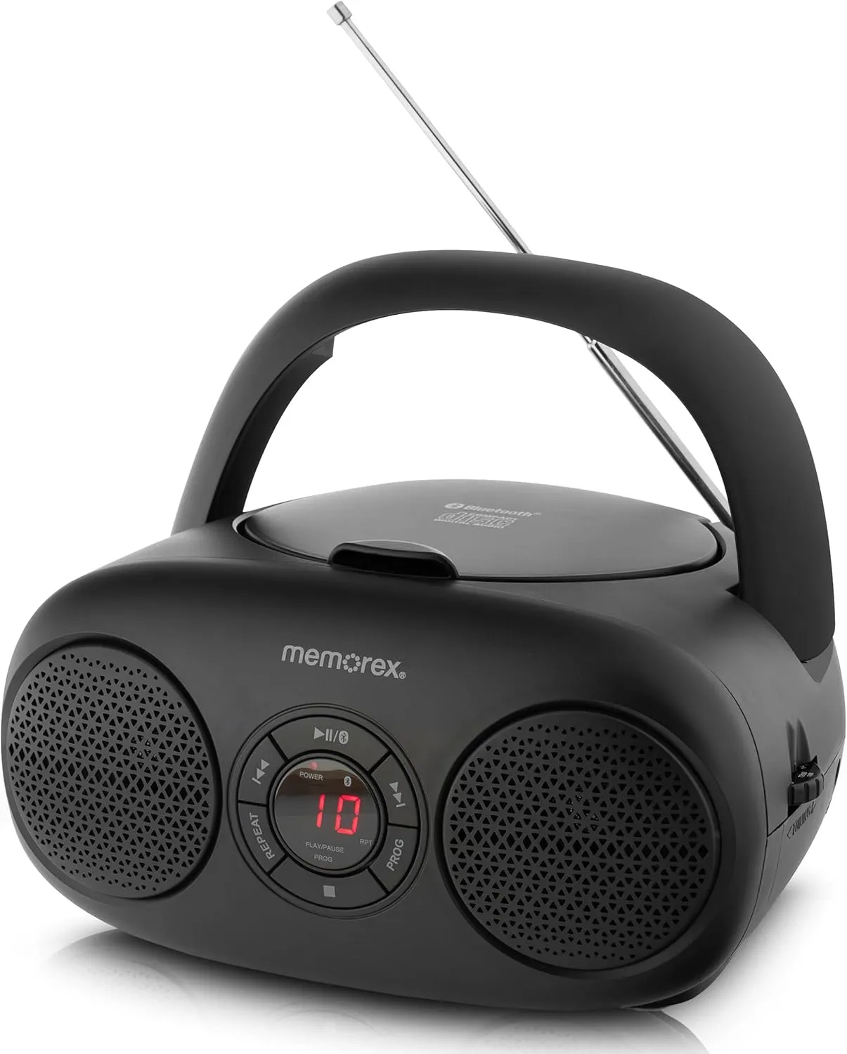Memorex MX-BCD30(K) Bluetooth Top Loading CD Player Red | Portable AM/FM Stereo Receiver with Programmable Memory | Auxiliary Input | Red LED Display, Foldable Handle, Wireless Streaming (Black)