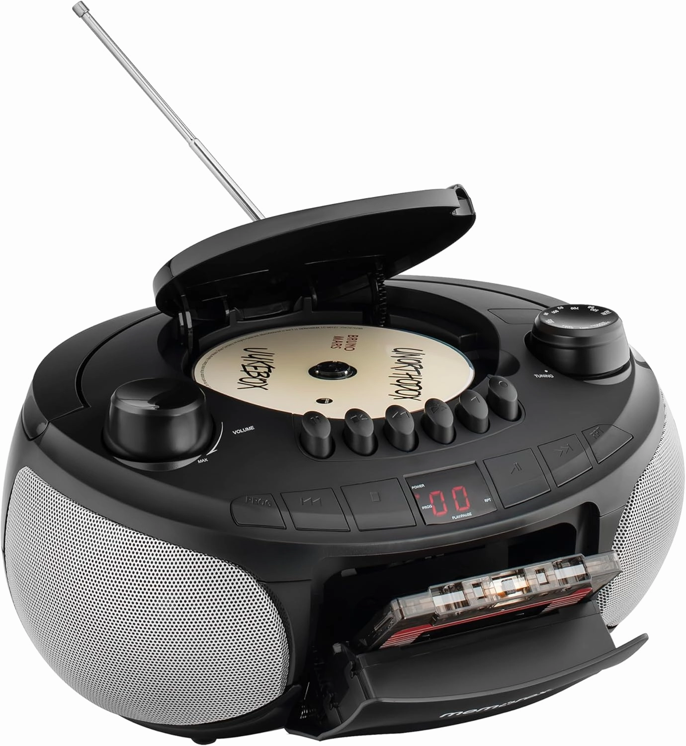 Memorex AM/FM Top Loading CD Player | Portable Stereo with Programmable Memory | Auxiliary Input and LED Display (Black, with Cassette Player)