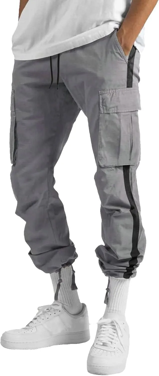 Mens Loose Cargo Pants Sports Hat Multi Woven Pocket Foot Rope Solid Pants Street Cargo Baggy Camo Tactical Trousers