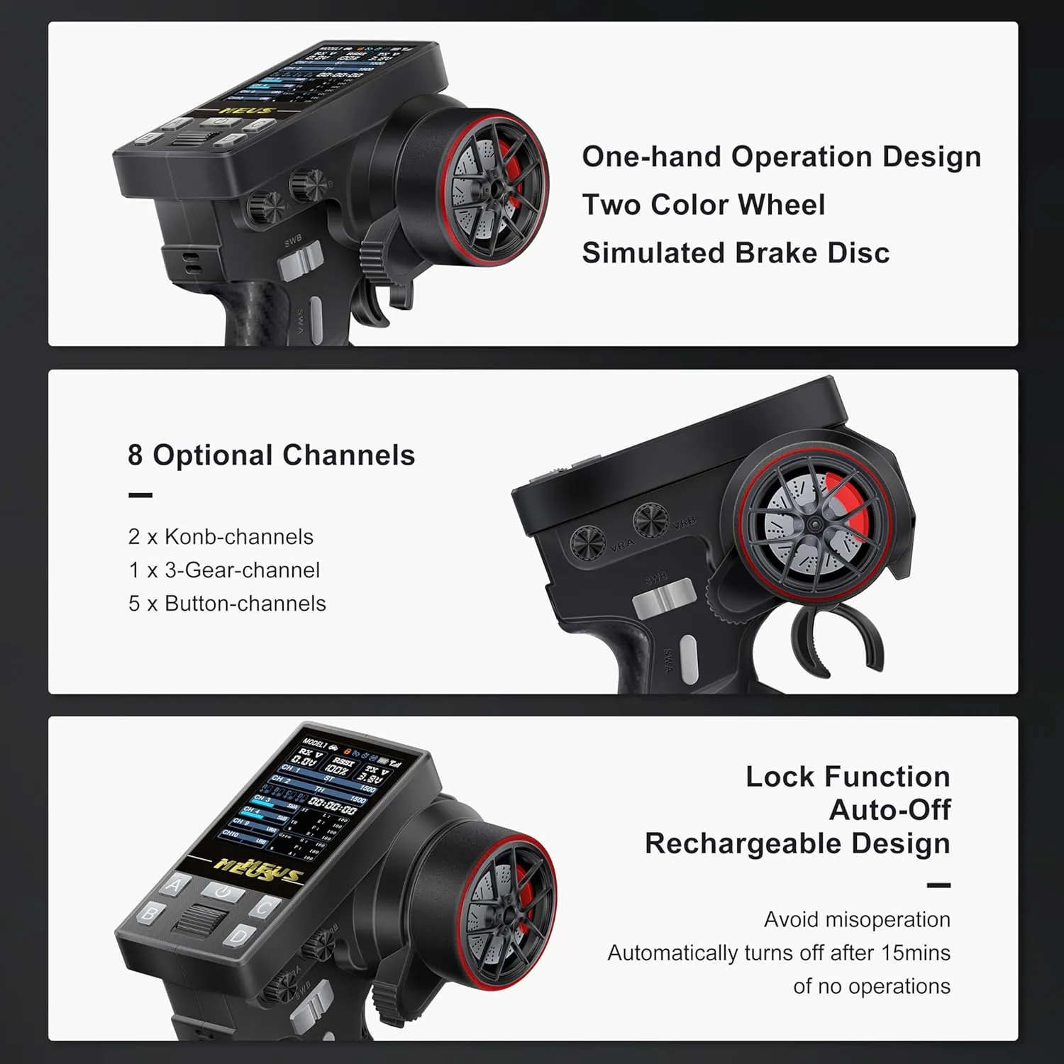 MEUS RACING RC Transmitter 8 Channels 2.4GHz and Receiver with Coach Mode for 1/8 1/10 1/18 1/24 RC Crawler Car Boat TRX4 TRX4M SCX10 SCX24 Upgrades Parts (Black)