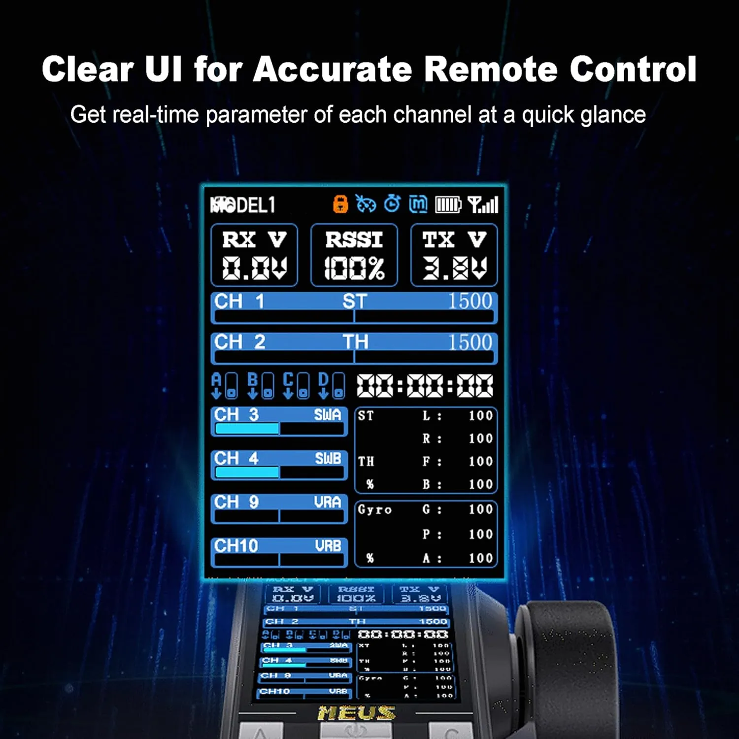 MEUS RACING RC Transmitter 8 Channels 2.4GHz and Receiver with Coach Mode for 1/8 1/10 1/18 1/24 RC Crawler Car Boat TRX4 TRX4M SCX10 SCX24 Upgrades Parts (Black)