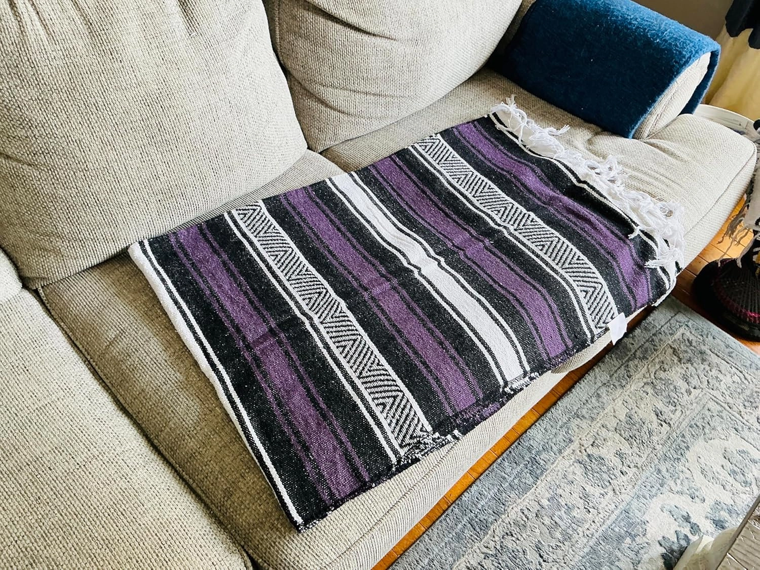 Mexican Falsa Blanket Serepe Throw Authentic Handwoven Saddle Multi-Use for Yoga, Beach, Camping and Picnics - Durable Outdoor Indoor. 60% Cotton. (Purple)