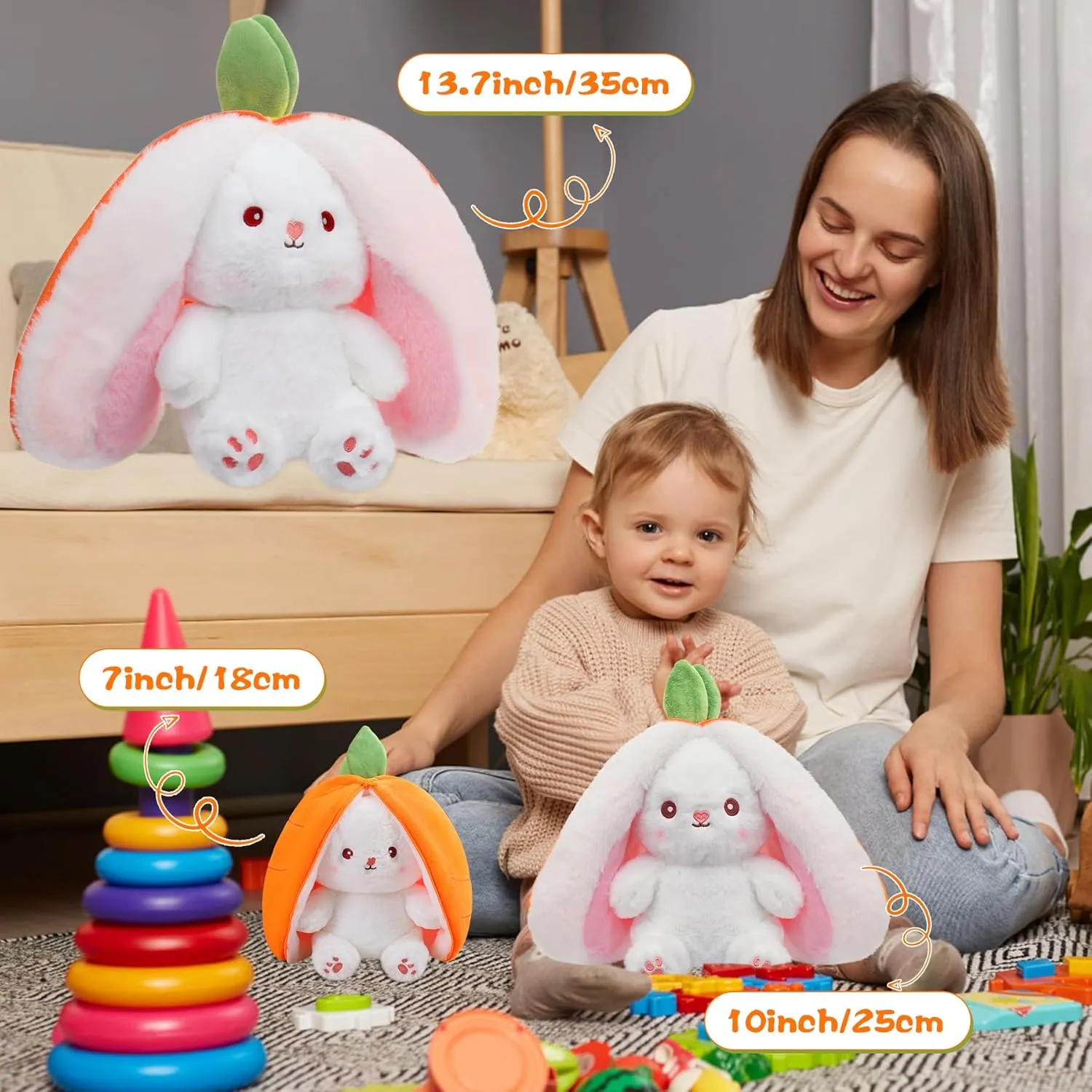 MIAODAM 13.7 inch Easter Bunny Stuffed Animal, Kawaii Squishy Cute Easter Bunny Plush Turn Into Rabbit Fruit Doll Carrot Strawberry Pillow, Plushies Funny Bunny Toy for Baby