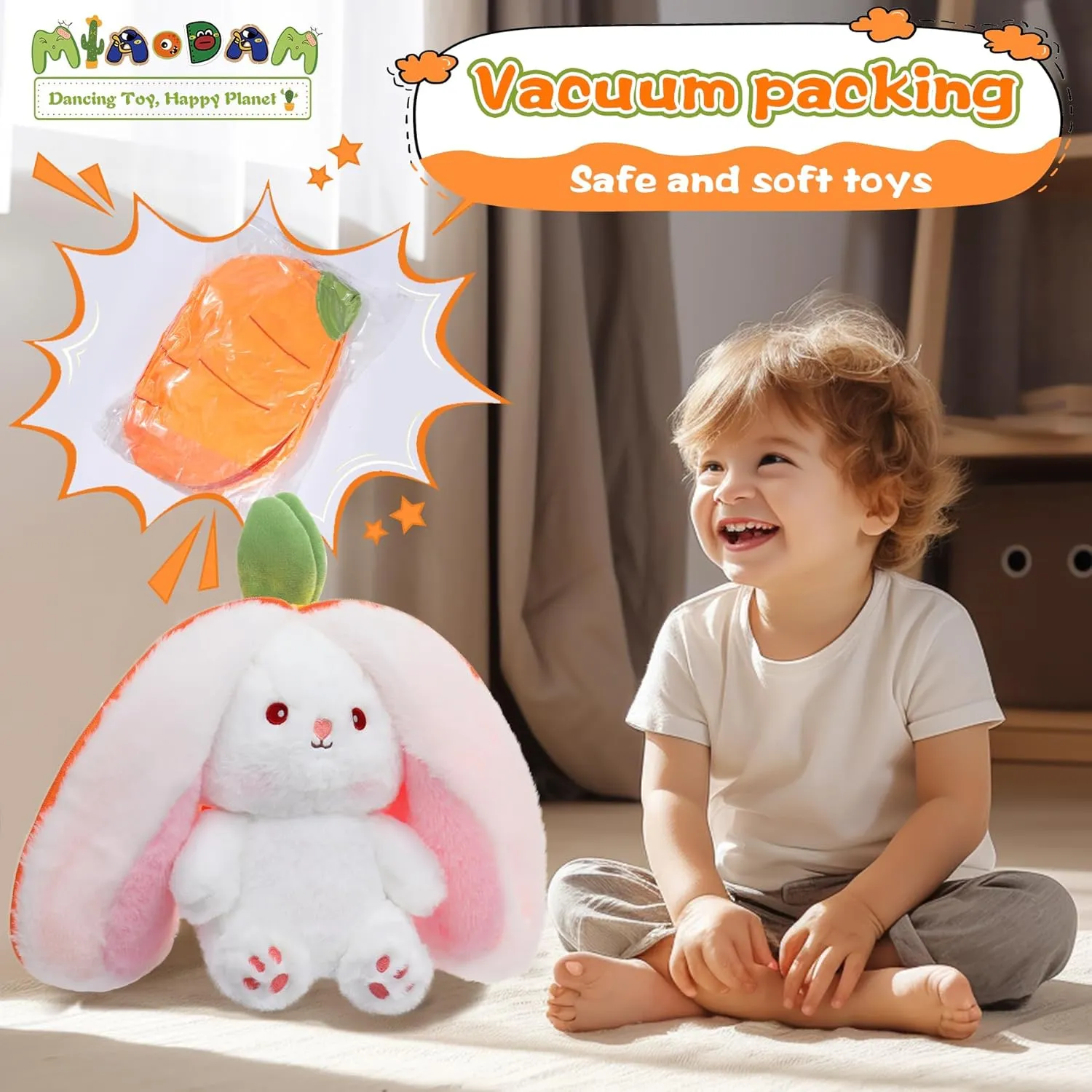 MIAODAM 13.7 inch Easter Bunny Stuffed Animal, Kawaii Squishy Cute Easter Bunny Plush Turn Into Rabbit Fruit Doll Carrot Strawberry Pillow, Plushies Funny Bunny Toy for Baby