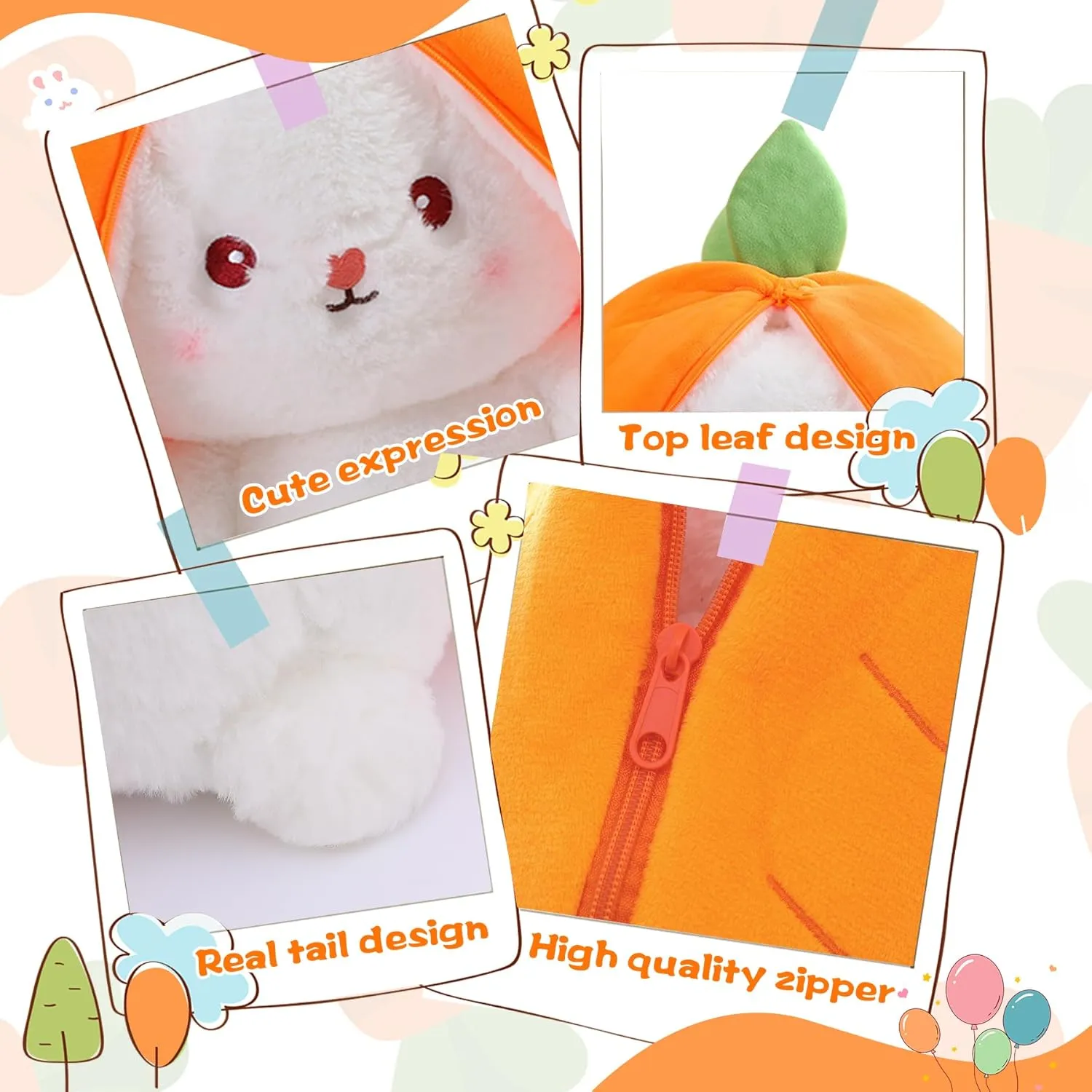 MIAODAM 13.7 inch Easter Bunny Stuffed Animal, Kawaii Squishy Cute Easter Bunny Plush Turn Into Rabbit Fruit Doll Carrot Strawberry Pillow, Plushies Funny Bunny Toy for Baby