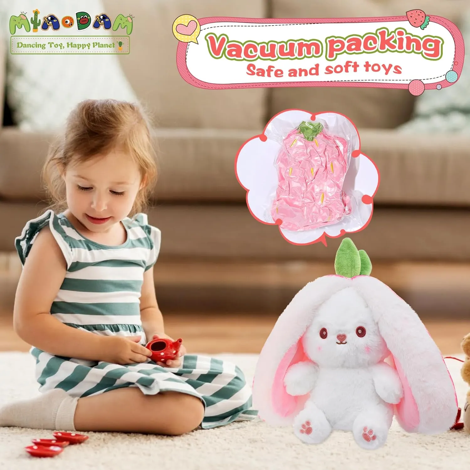 MIAODAM Easter Bunny Stuffed Animal, Carrot and Strawberry Bunny Plush Turn Into Rabbit Fruit Doll, Plushie Funny Bunny Toy for Baby (10inch)
