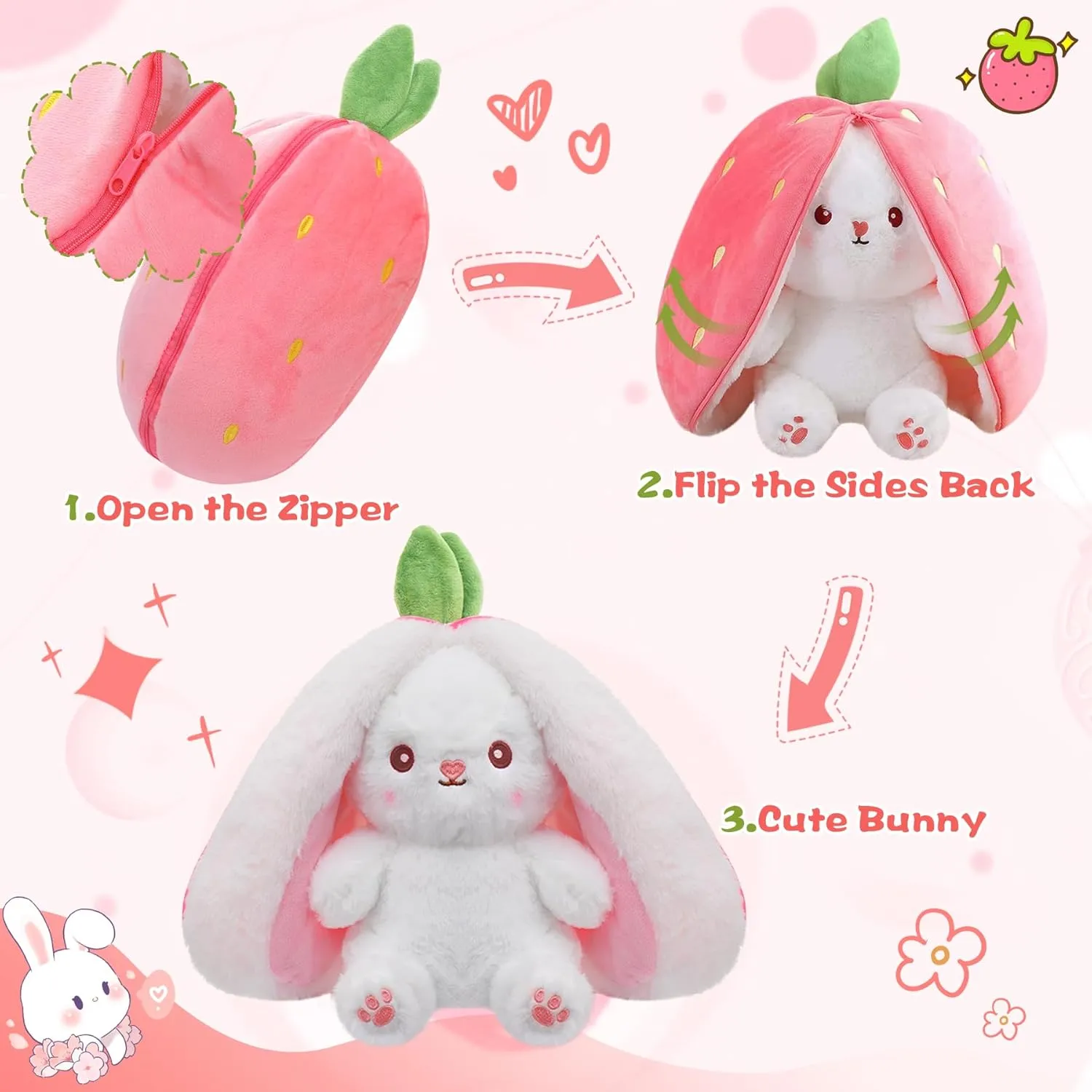 MIAODAM Easter Bunny Stuffed Animal, Carrot and Strawberry Bunny Plush Turn Into Rabbit Fruit Doll, Plushie Funny Bunny Toy for Baby (10inch)