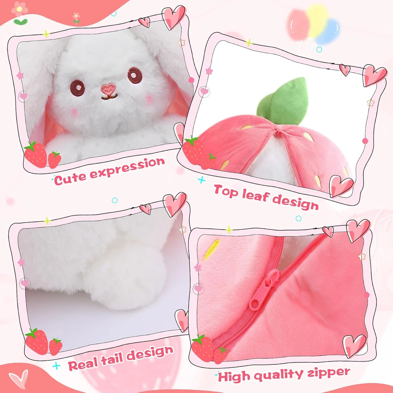 MIAODAM Easter Bunny Stuffed Animal, Carrot and Strawberry Bunny Plush Turn Into Rabbit Fruit Doll, Plushie Funny Bunny Toy for Baby (10inch)