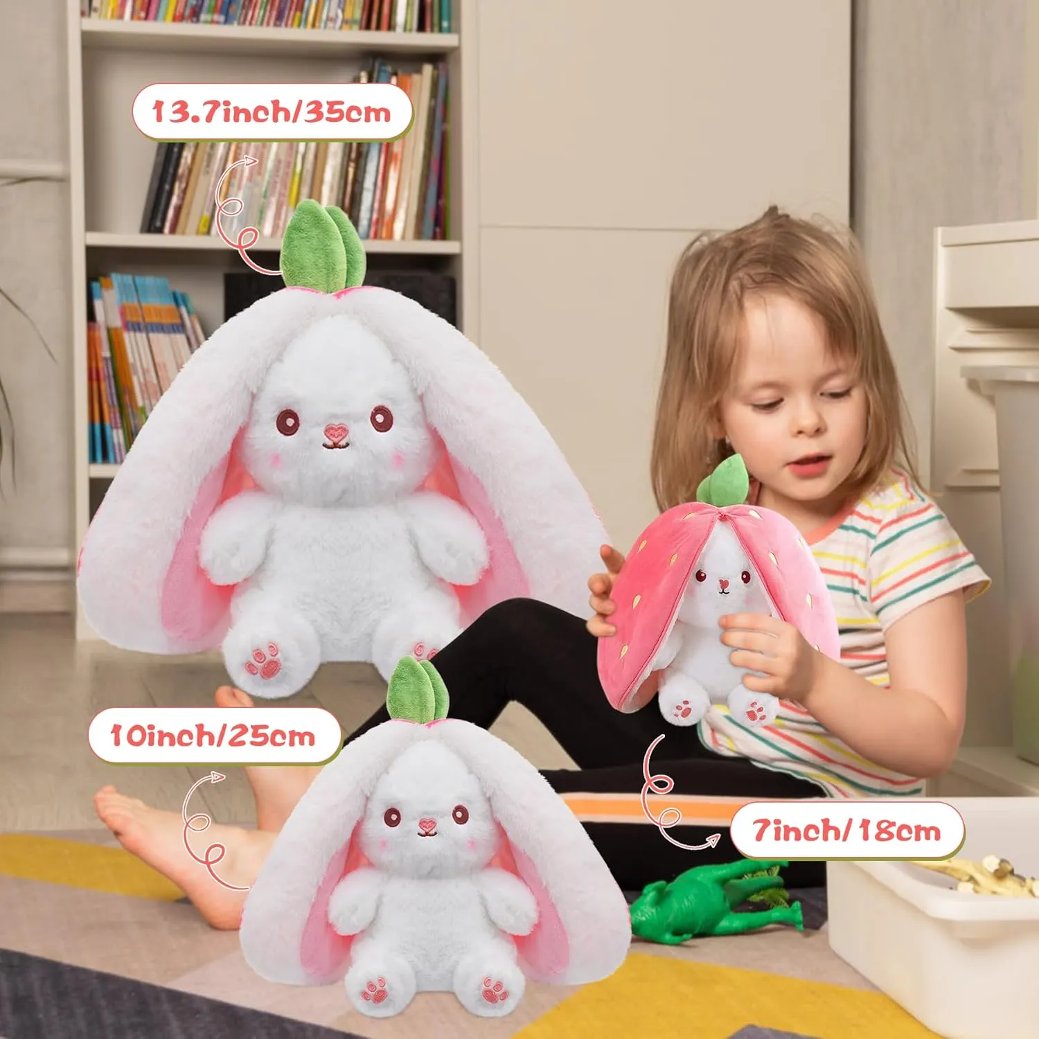 MIAODAM Easter Bunny Stuffed Animal, Carrot and Strawberry Bunny Plush Turn Into Rabbit Fruit Doll, Plushie Funny Bunny Toy for Baby (10inch)