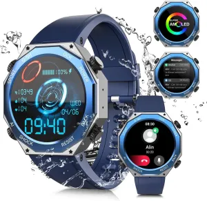 Military Smart Watch for Men (Answer/Make Call) 1.45" AMOLED 680mAH 5ATM Waterproof Smartwatch for iOS Android Phones Fitness Tracker Watch with 120  Sport Modes Heart Rate Blood Pressure Pedometer