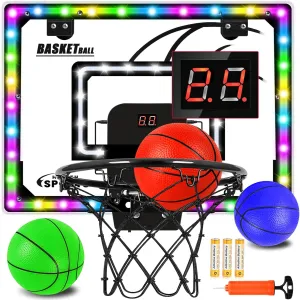 Mini Basketball Hoop Indoor with Scorer and Batteries, Indoor Basketball Hoop Over The Door with Colorful LED Lighting, Toy Basketball Set for Boys Girls Age 3 4 5 6 7 8