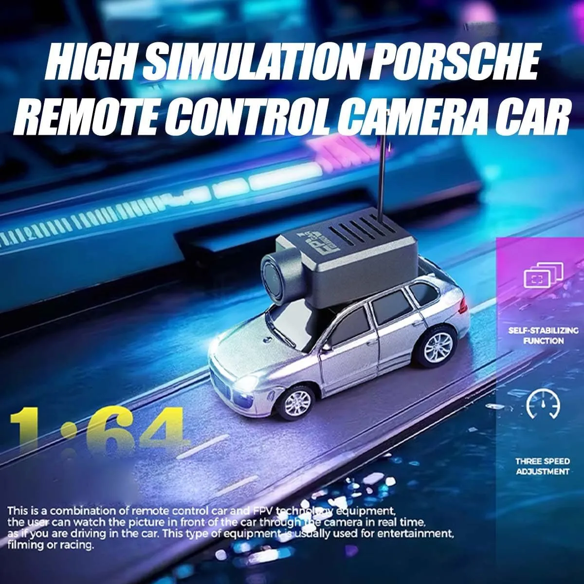 Mini FPV RC Car with Camera – 1:64 Scale WL App-Controlled WiFi Remote Blue Car Model, 720P HD Real-Time Video, 3-Speed Modes, LED Lights, Gyro Sensor – Great Gift for Teens & Adults