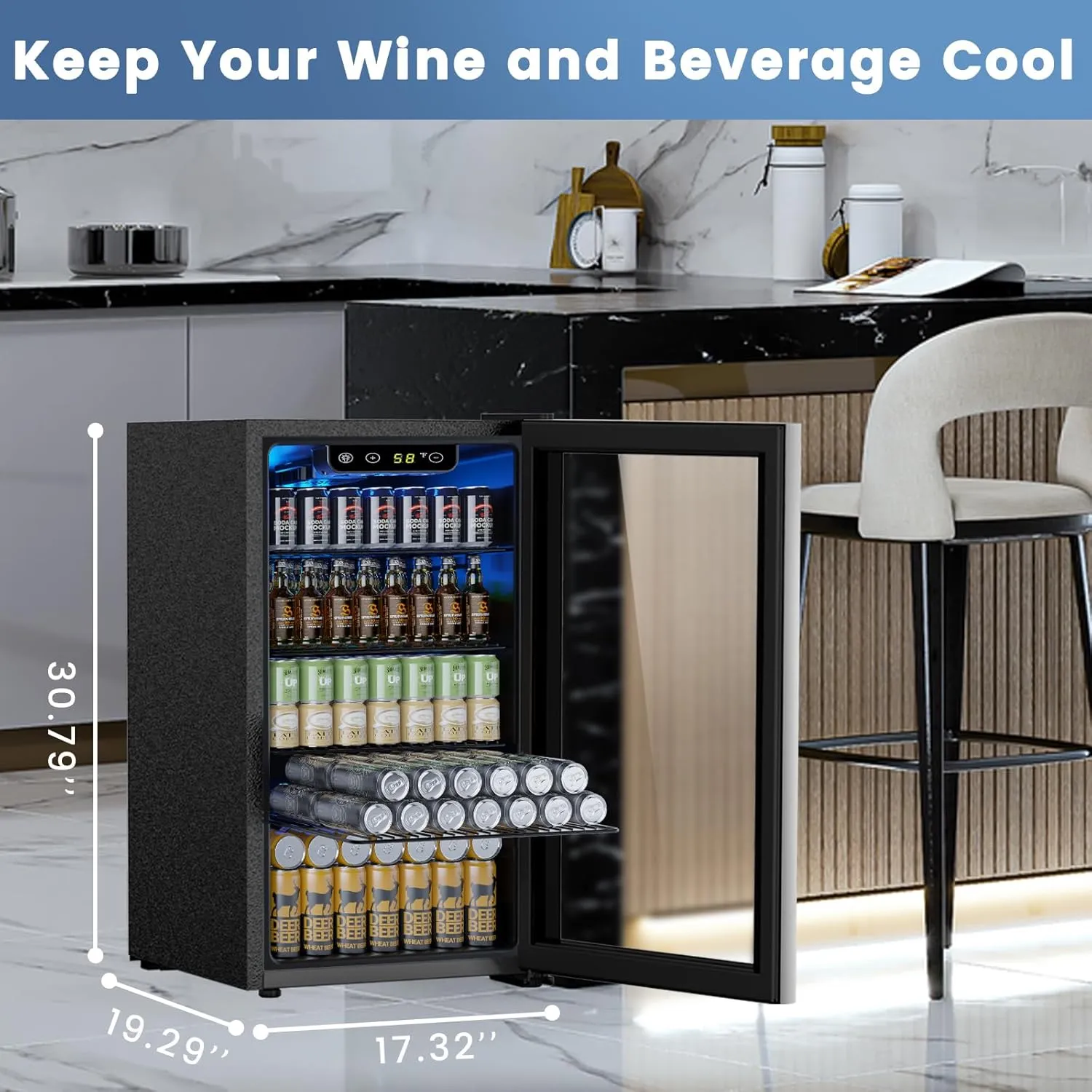Mini Fridge 130 Can Beverage Refrigerator Cooler, 3.2 Cu.Ft Drink Fridge forSoda Wine Beer, Digital Temperature Control Cooler for Home, Dorm, Bar