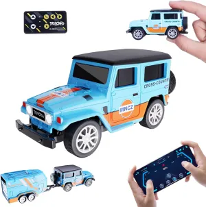 Mini RC Car with APP Control, 1:64 Scale Off-Road Vehicle & Trailer Toy, 2.4GHz Wireless Remote Control, LED Lights, Alloy Case, MultiControl Modes, Speed/Steering Adjustable (Blue-B)