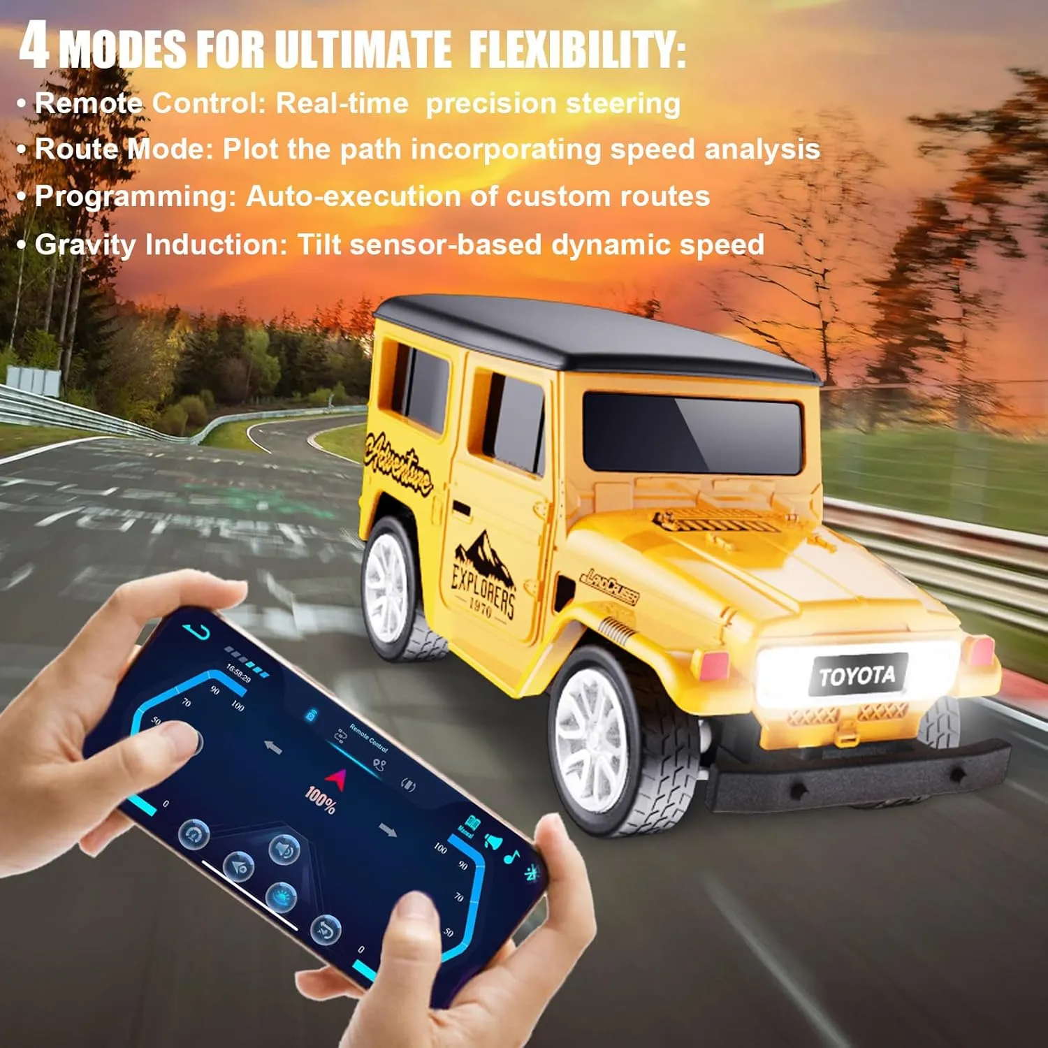 Mini RC Car with APP Control, 1:64 Scale Off-Road Vehicle & Trailer Toy, 2.4GHz Wireless Remote Control, LED Lights, Alloy Case, MultiControl Modes, Speed/Steering Adjustable (Blue-B)