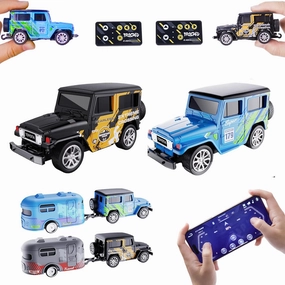 Mini RC Car with APP Control, 1:64 Scale Off-Road Vehicle & Trailer Toy, 2.4GHz Wireless Remote Control, LED Lights, Alloy Case, MultiControl Modes, Speed/Steering Adjustable (Black Blue)