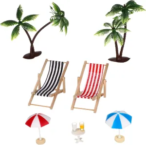 Miniature Beach Micro Landscape Set Palm Trees Parasols Deck Chairs Beverages Round Coffee Table Dollhouse Decoration and Fairy Garden Accessory
