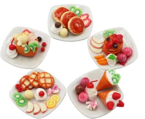 Miniature Dessert Plate Set – 5 Assorted Handmade Clay Treats with Pancakes, Waffles & Ice Cream – 1:6 Scale Dollhouse Food on 1-Inch Ceramic Plates – Realistic Mini Food Decor