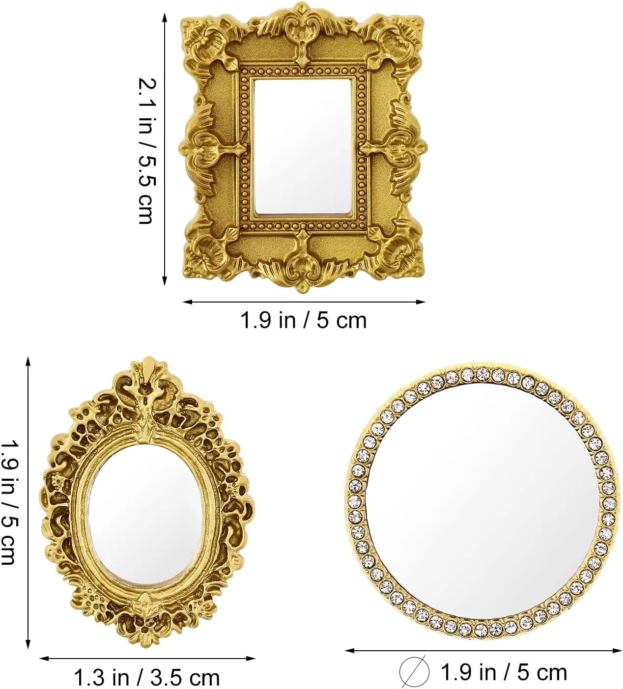 Miniature Dollhouse Mirror:1:12 Scale Miniatures Furniture Mirror European Baroque Frame Mini Wall Mirror for Dollhouse Decor,3 pcs/Set