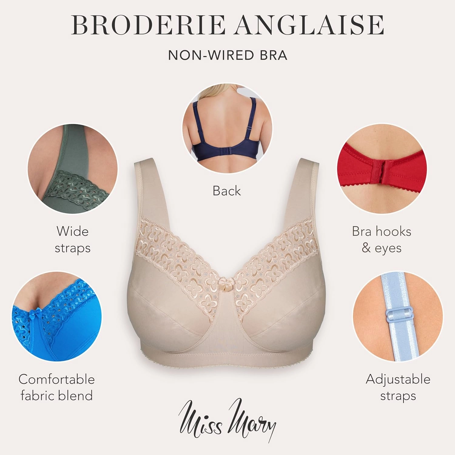 Miss Mary - Broderie Anglaise, Non Wired Bras for Women, Everyday Bras, Comfortable Cotton, Supportive with Full Coverage