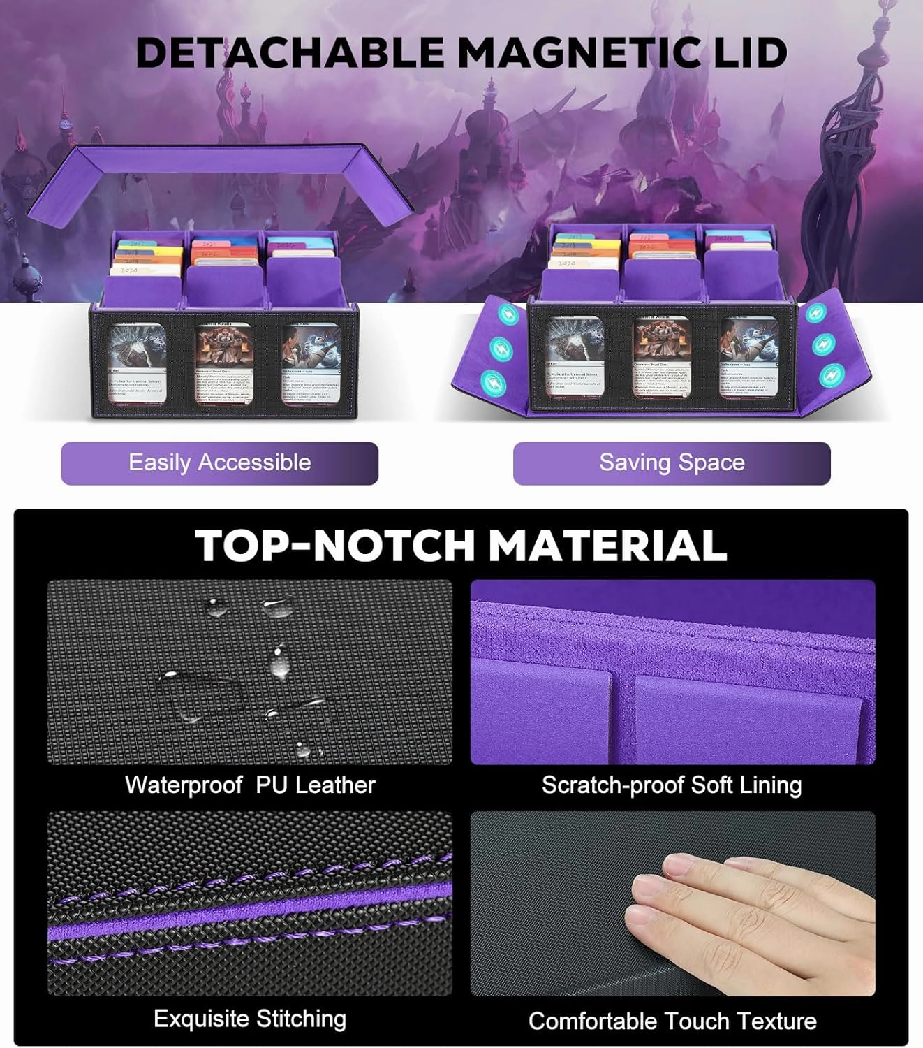 MoKo Trading Card Storage Box with Card Supporters, 2300  MTG Deck Box with 24 Colorful Divider Tabs, Commander Card Deck Case with Display Window Fits for Magic Game Cards & YugiOh, Black Purple