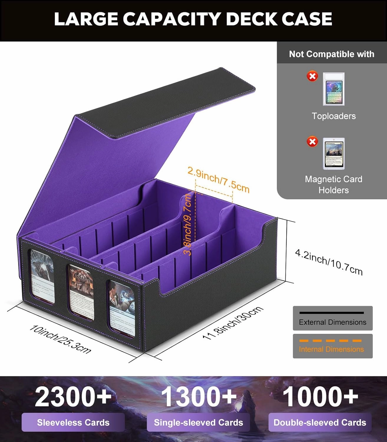 MoKo Trading Card Storage Box with Card Supporters, 2300  MTG Deck Box with 24 Colorful Divider Tabs, Commander Card Deck Case with Display Window Fits for Magic Game Cards & YugiOh, Black Purple