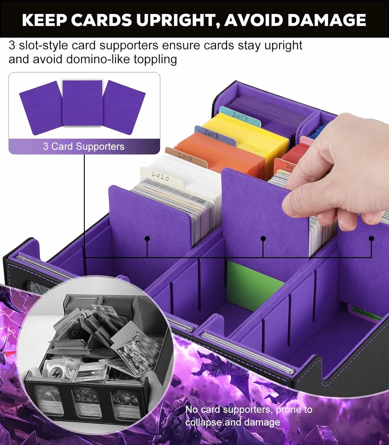 MoKo Trading Card Storage Box with Card Supporters, 2300  MTG Deck Box with 24 Colorful Divider Tabs, Commander Card Deck Case with Display Window Fits for Magic Game Cards & YugiOh, Black Purple
