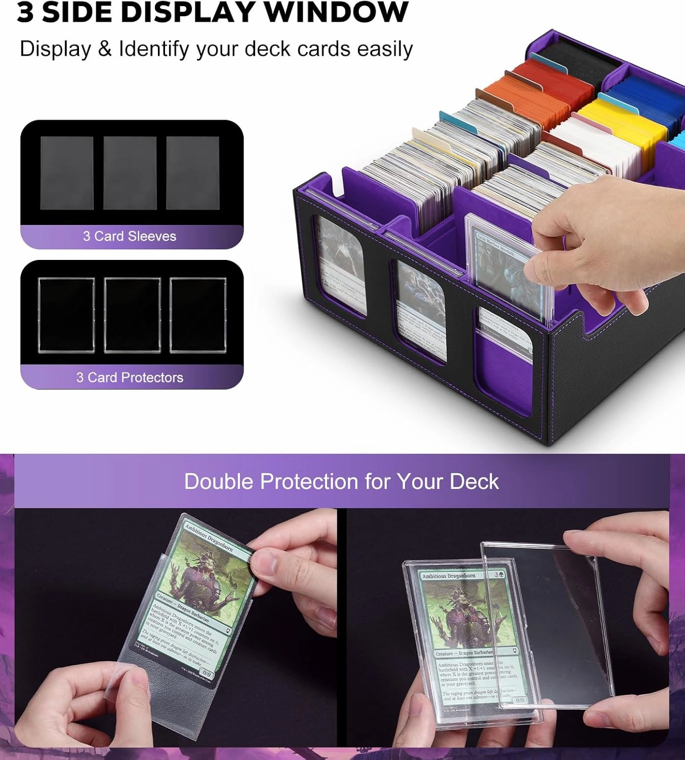 MoKo Trading Card Storage Box with Card Supporters, 2300  MTG Deck Box with 24 Colorful Divider Tabs, Commander Card Deck Case with Display Window Fits for Magic Game Cards & YugiOh, Black Purple