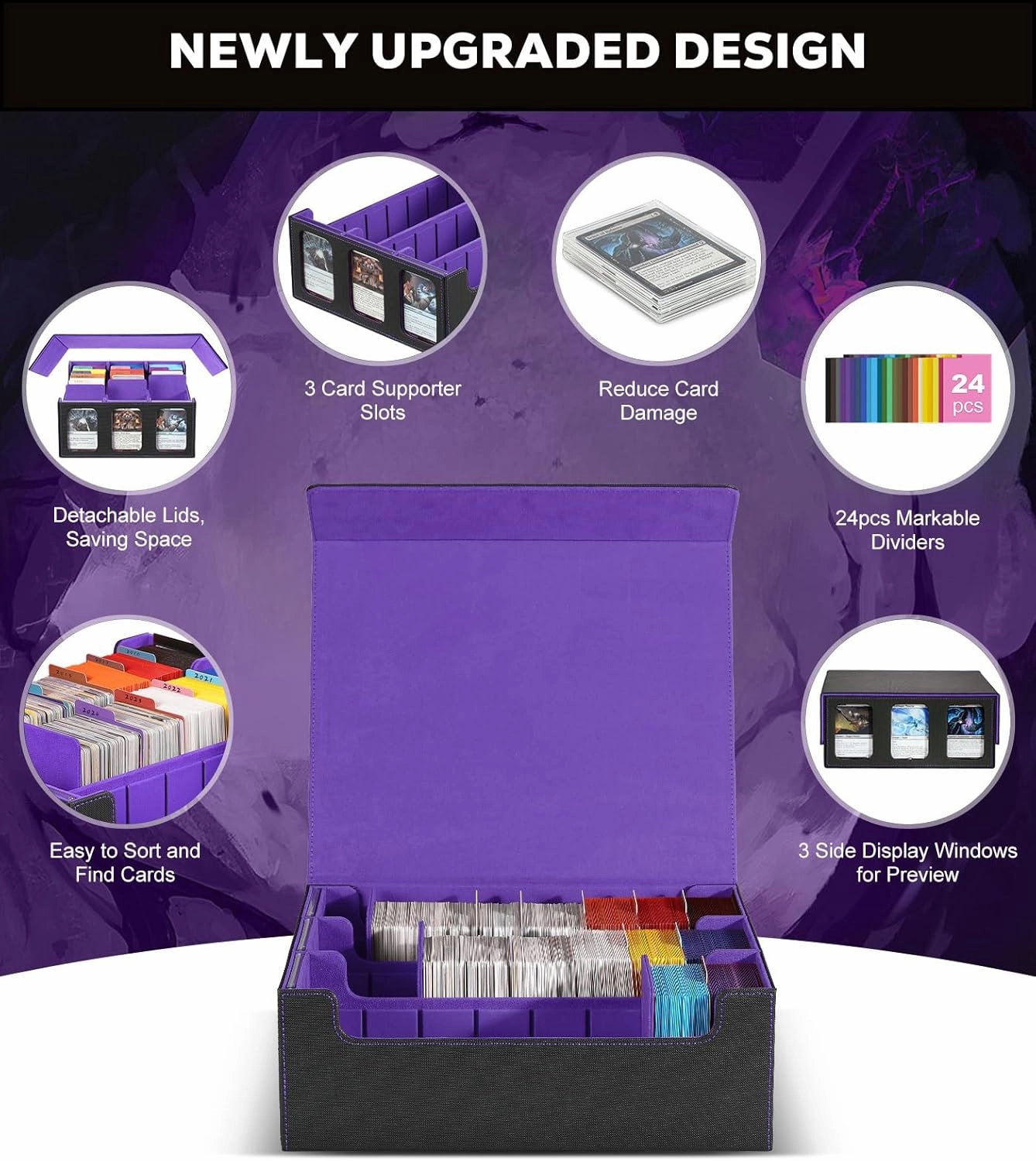 MoKo Trading Card Storage Box with Card Supporters, 2300  MTG Deck Box with 24 Colorful Divider Tabs, Commander Card Deck Case with Display Window Fits for Magic Game Cards & YugiOh, Black Purple