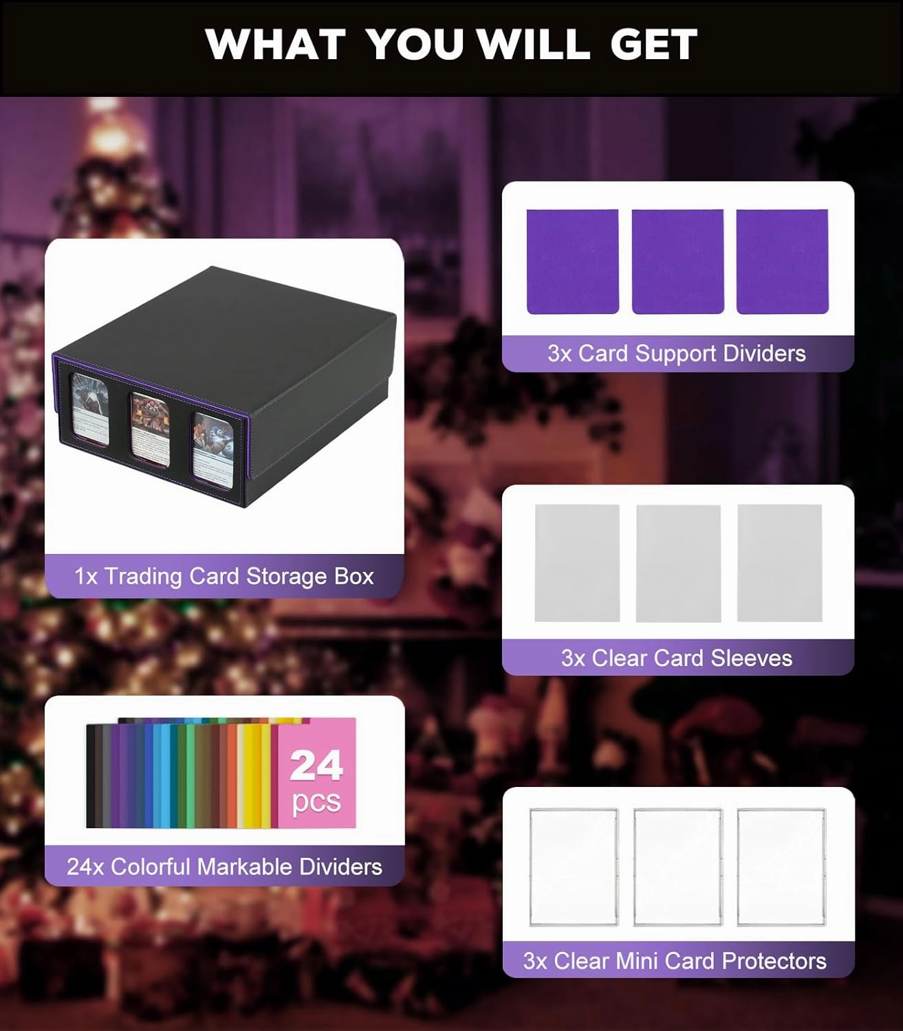 MoKo Trading Card Storage Box with Card Supporters, 2300  MTG Deck Box with 24 Colorful Divider Tabs, Commander Card Deck Case with Display Window Fits for Magic Game Cards & YugiOh, Black Purple